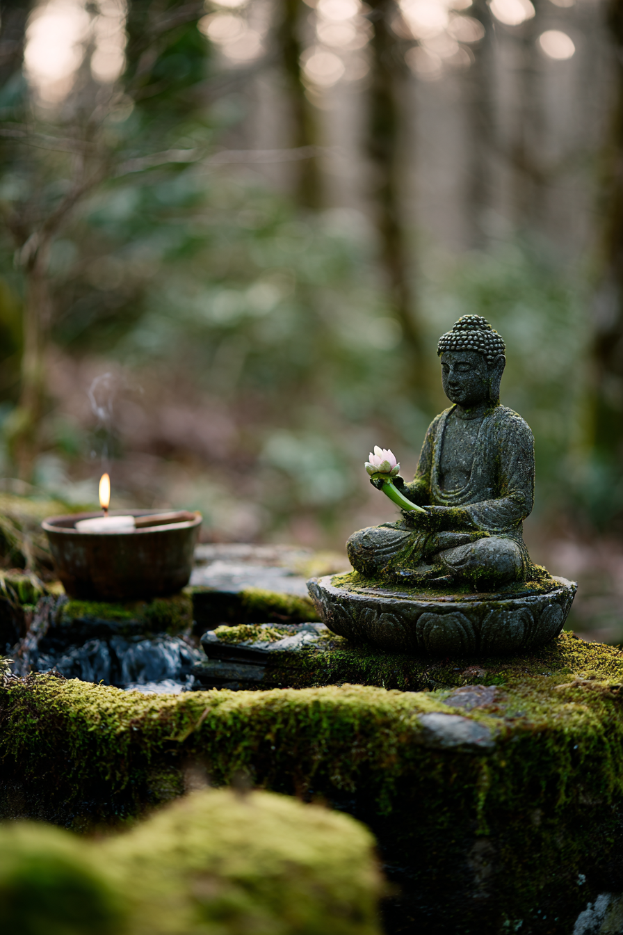 Stein Statü Sitzende Figuren Meditation Blume Kerzenlicht Oberfläche Moos | Spirituelle Motive und Buddha | Menschen und Emotionen