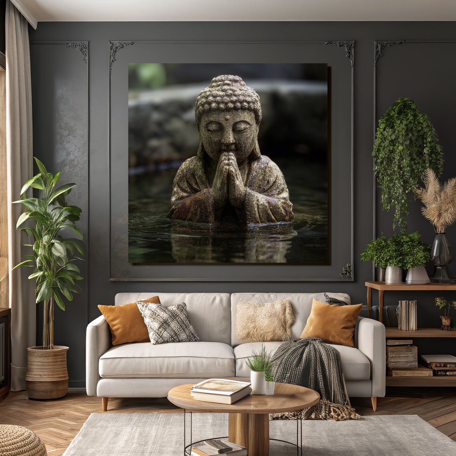 Statue in meditated pose in water environment calm natural