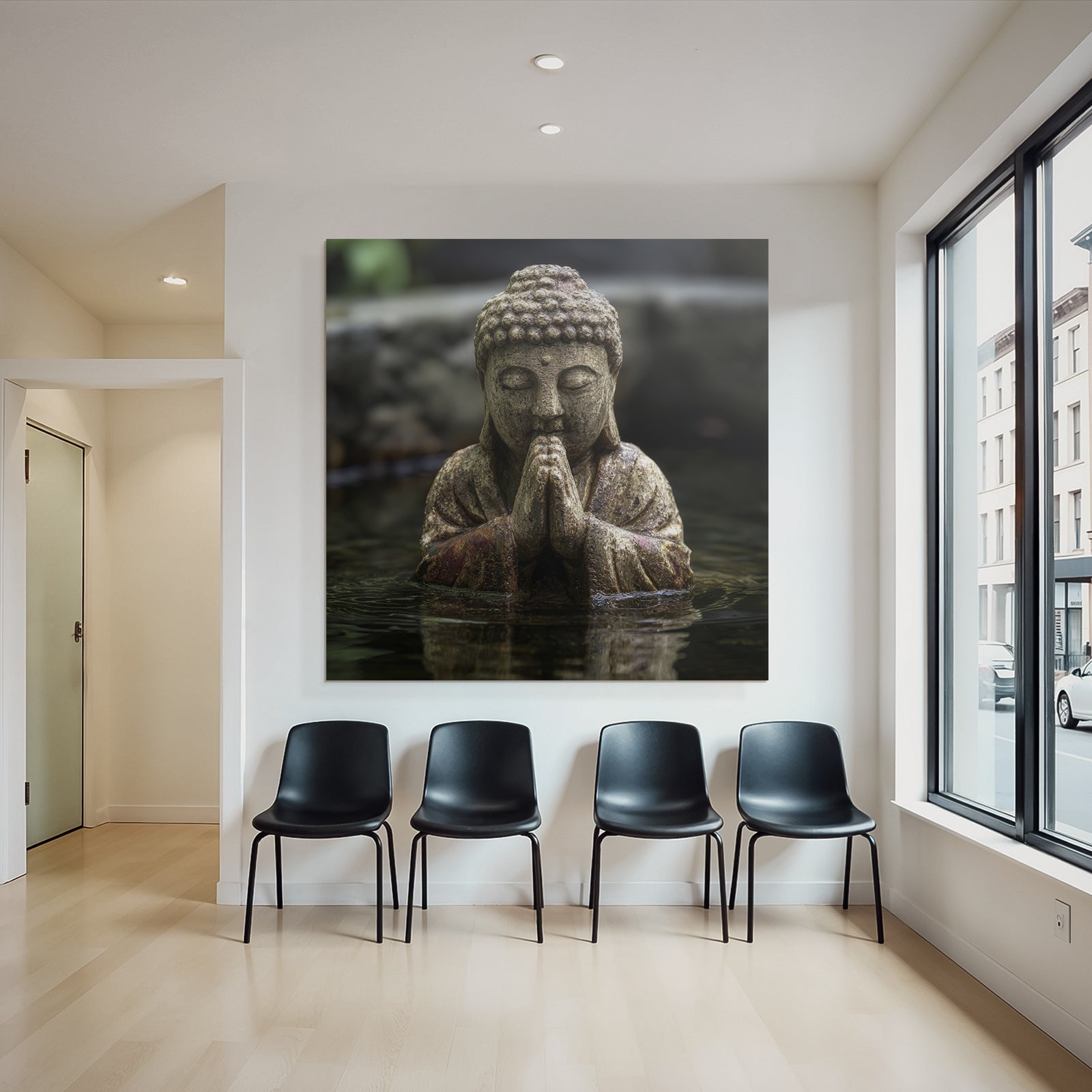 Statue in meditated pose in water environment calm natural
