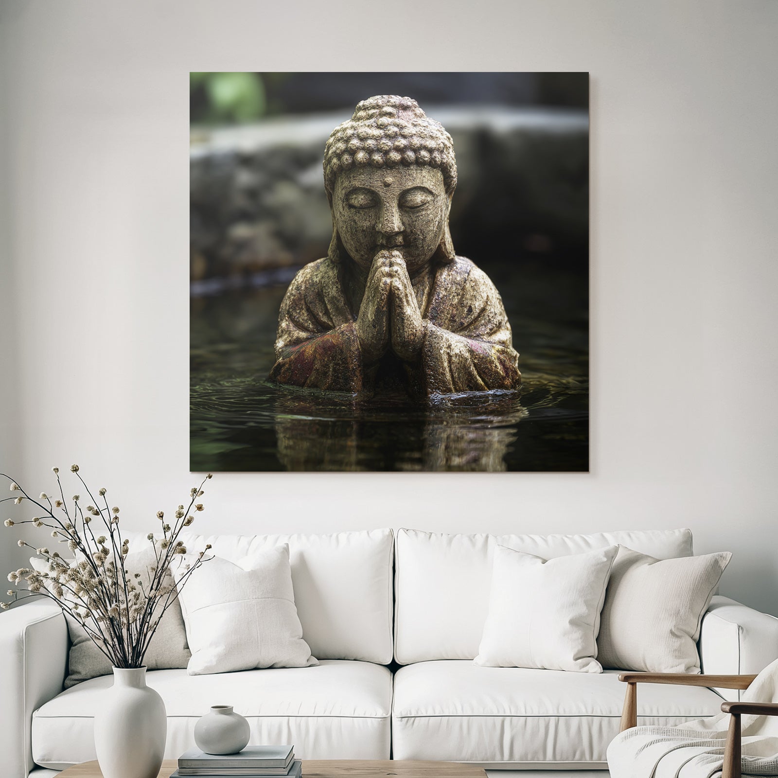 Statue in meditated pose in water environment calm natural