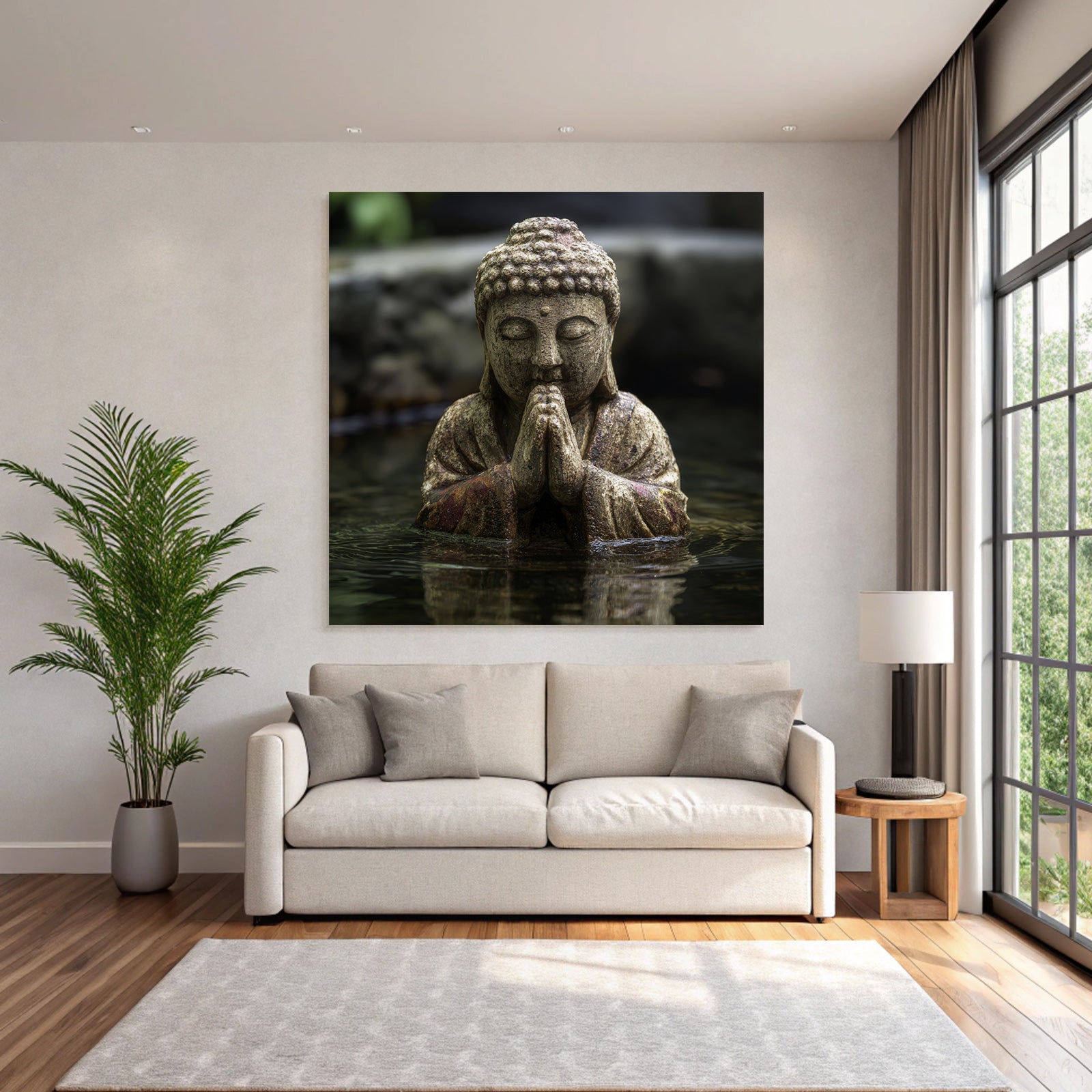 Statue in meditated pose in water environment calm natural