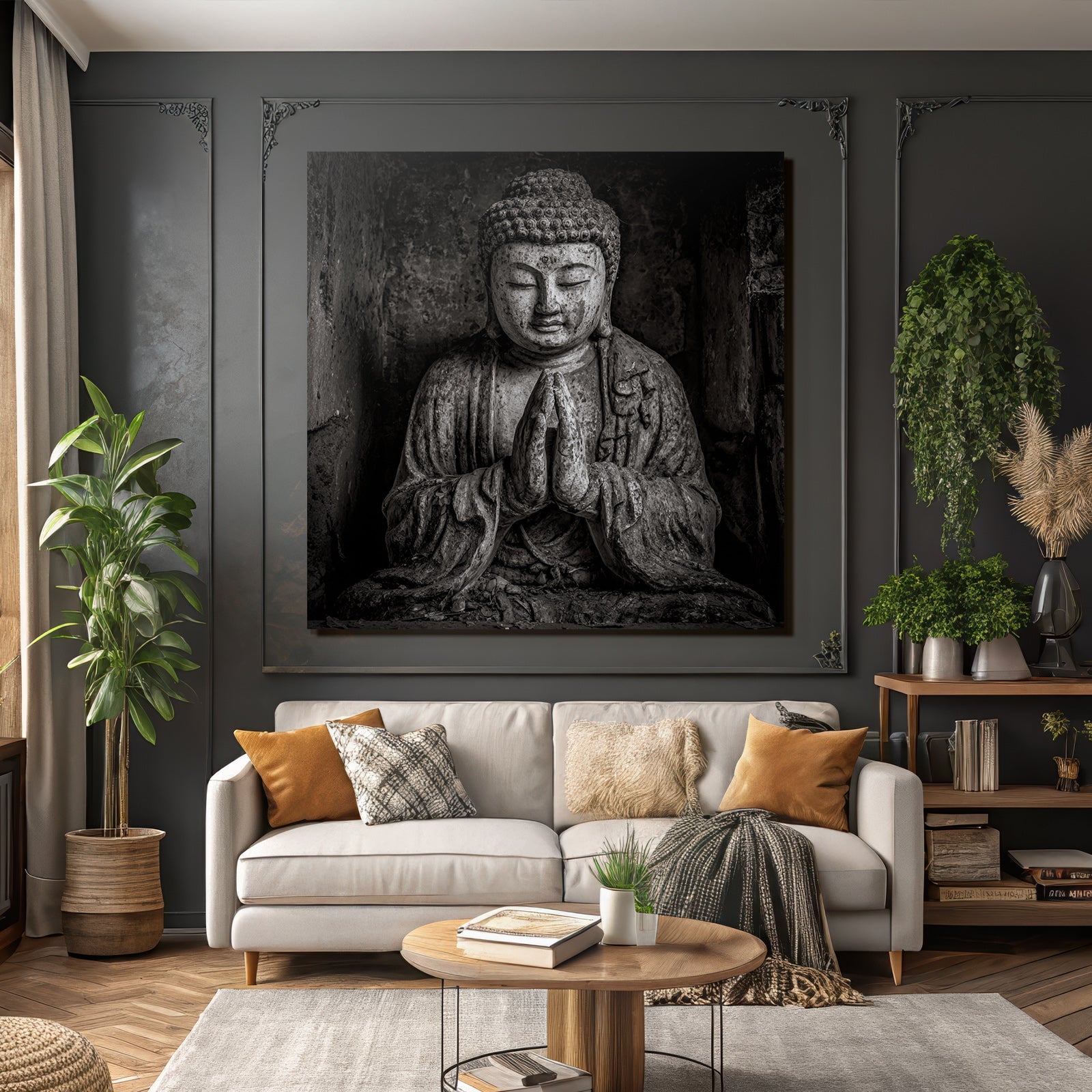 Stehender Buddhistische Statü Pray Position Monochrom