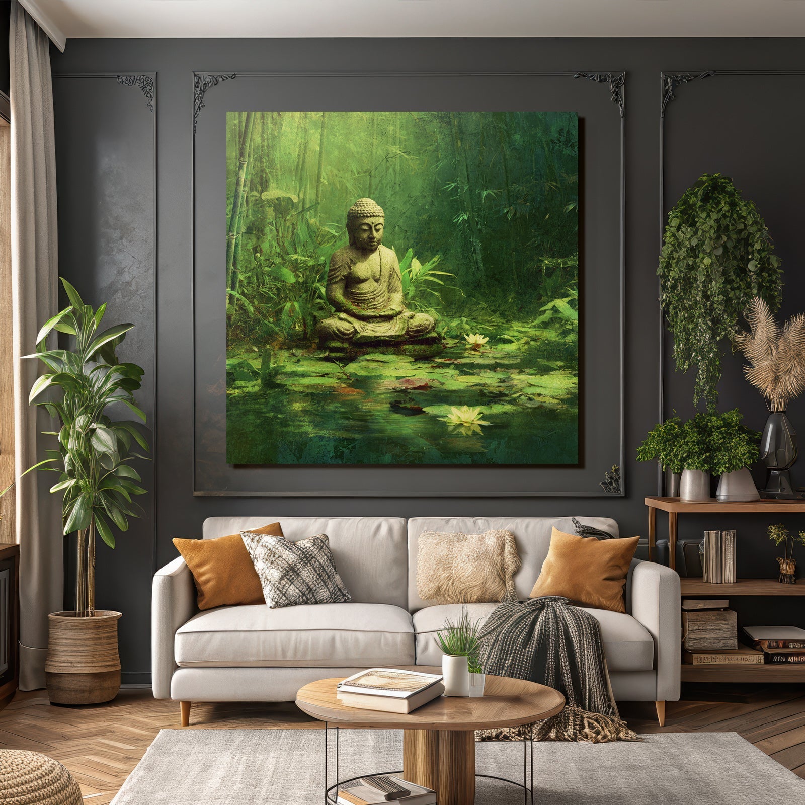 Stein Statü Sitzende Figur Meditation Friedliche Umgebung Mit Seerosen
