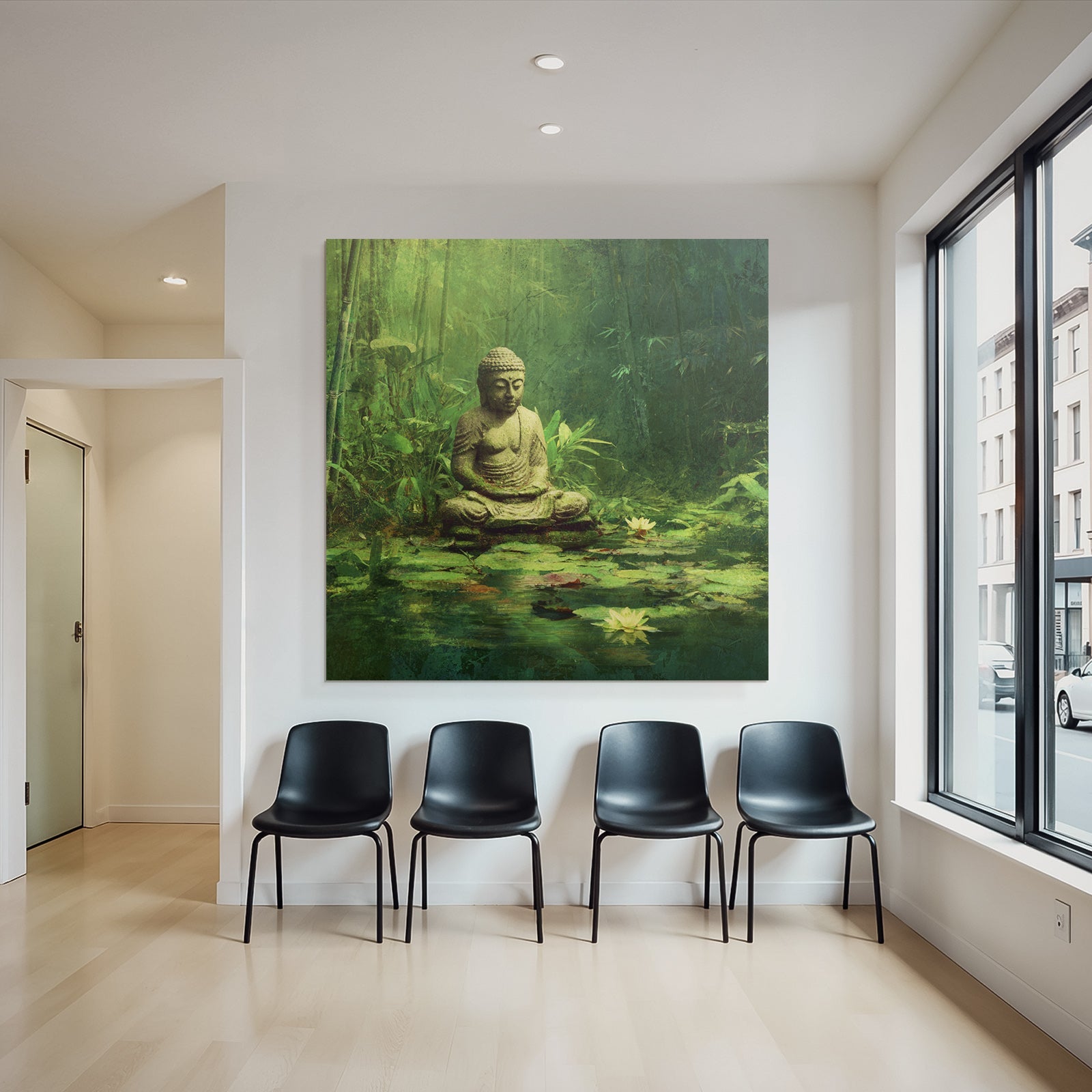 Stein Statü Sitzende Figur Meditation Friedliche Umgebung Mit Seerosen