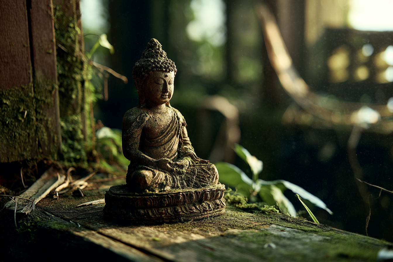 Seated Buddha Statü In Natural Environment Mossy Surface | Spirituelle Motive und Buddha | Menschen und Emotionen