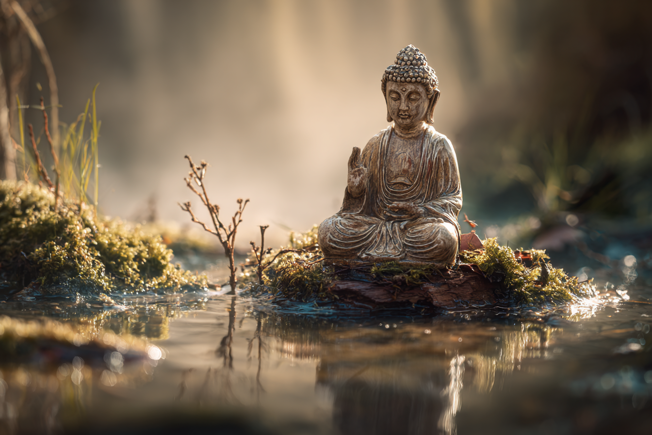 Sitzende Buddha Statü Auf Moosigem Stein Im Fridenlichen Natur Setting | Spirituelle Motive und Buddha | Menschen und Emotionen