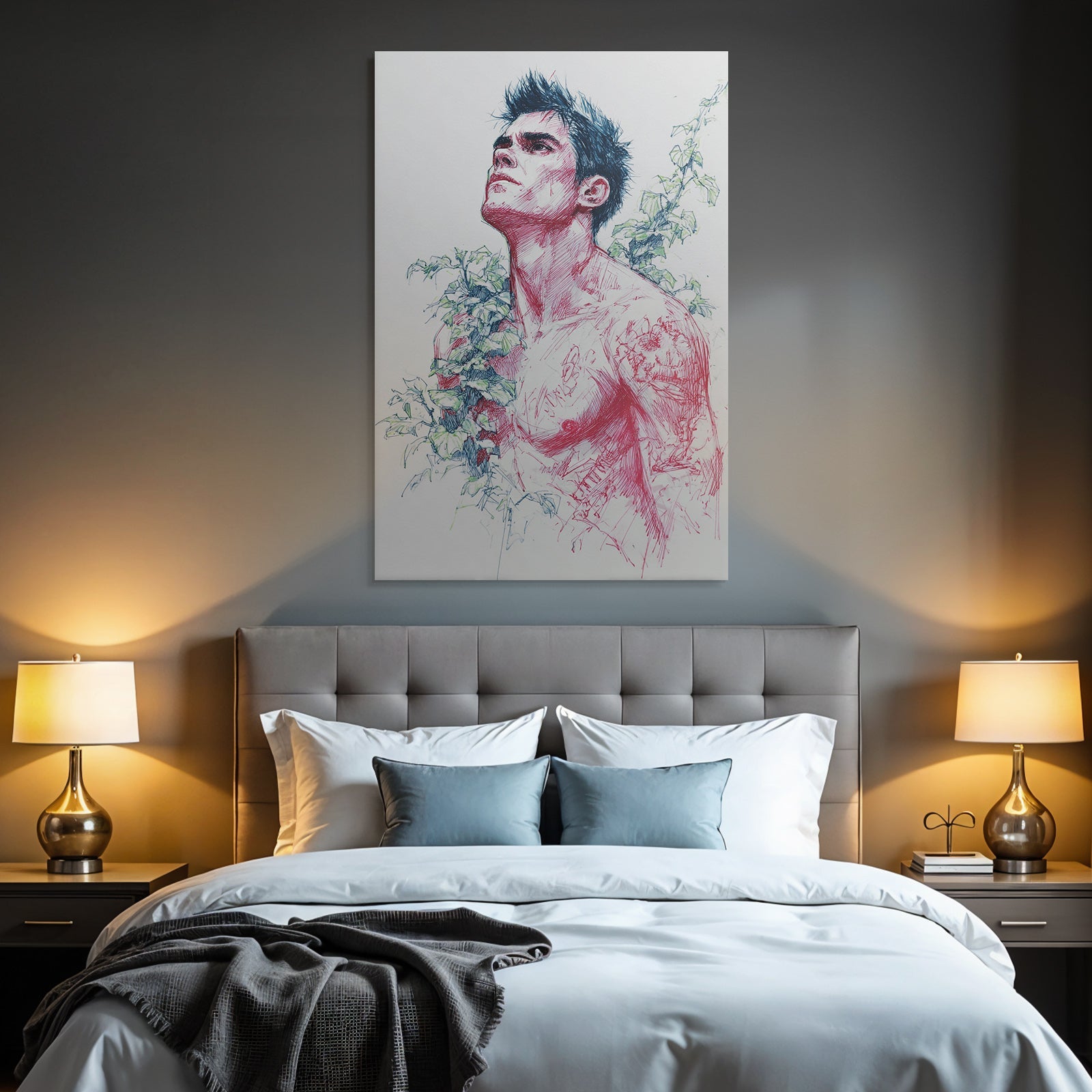 Shirtloser Mann Umgeben Von Efeu Rot Blaü Tinte Zeitgenössische Kunst