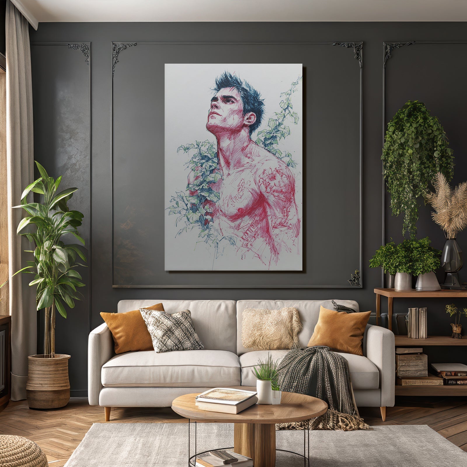 Shirtloser Mann Umgeben Von Efeu Rot Blaü Tinte Zeitgenössische Kunst