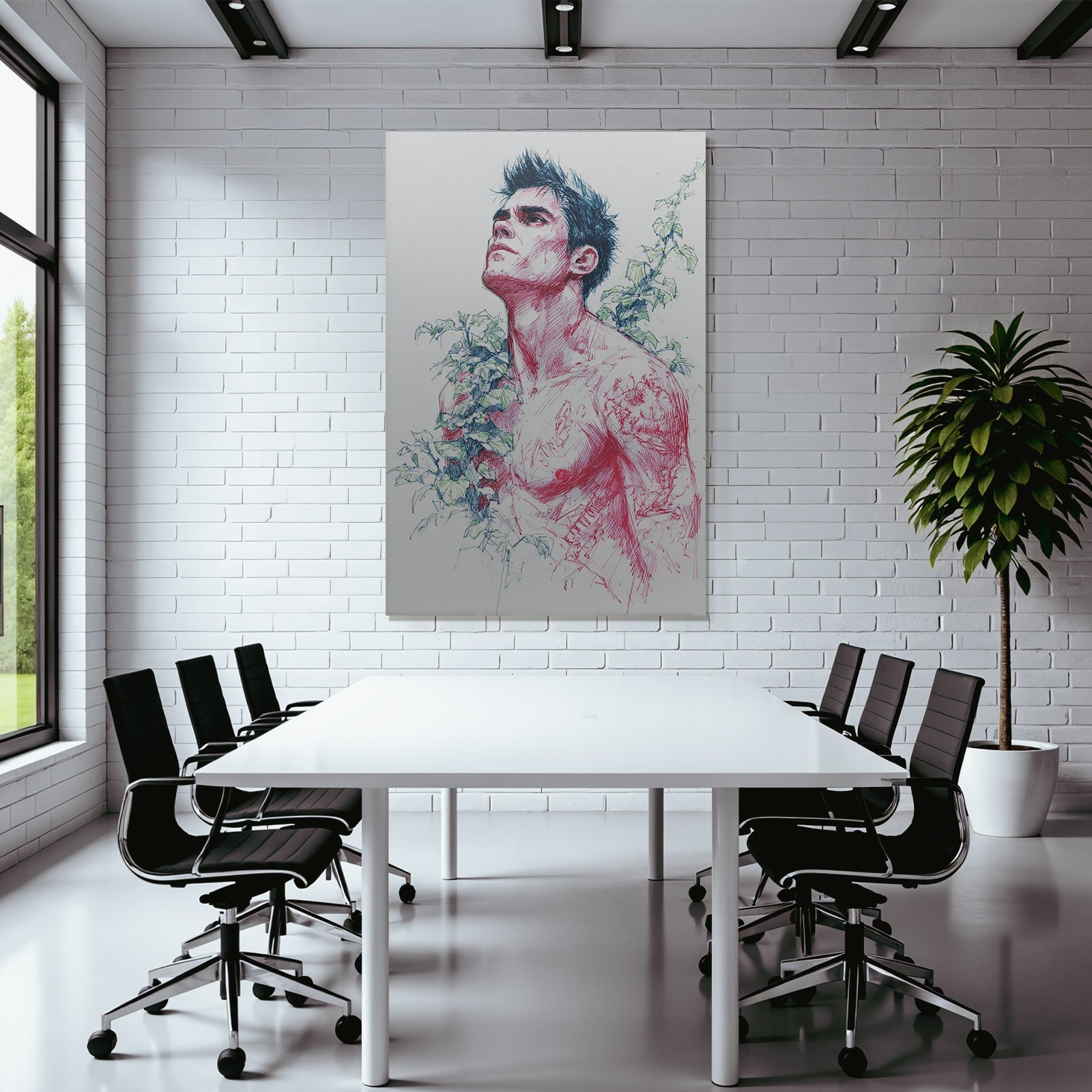 Shirtloser Mann Umgeben Von Efeu Rot Blaü Tinte Zeitgenössische Kunst