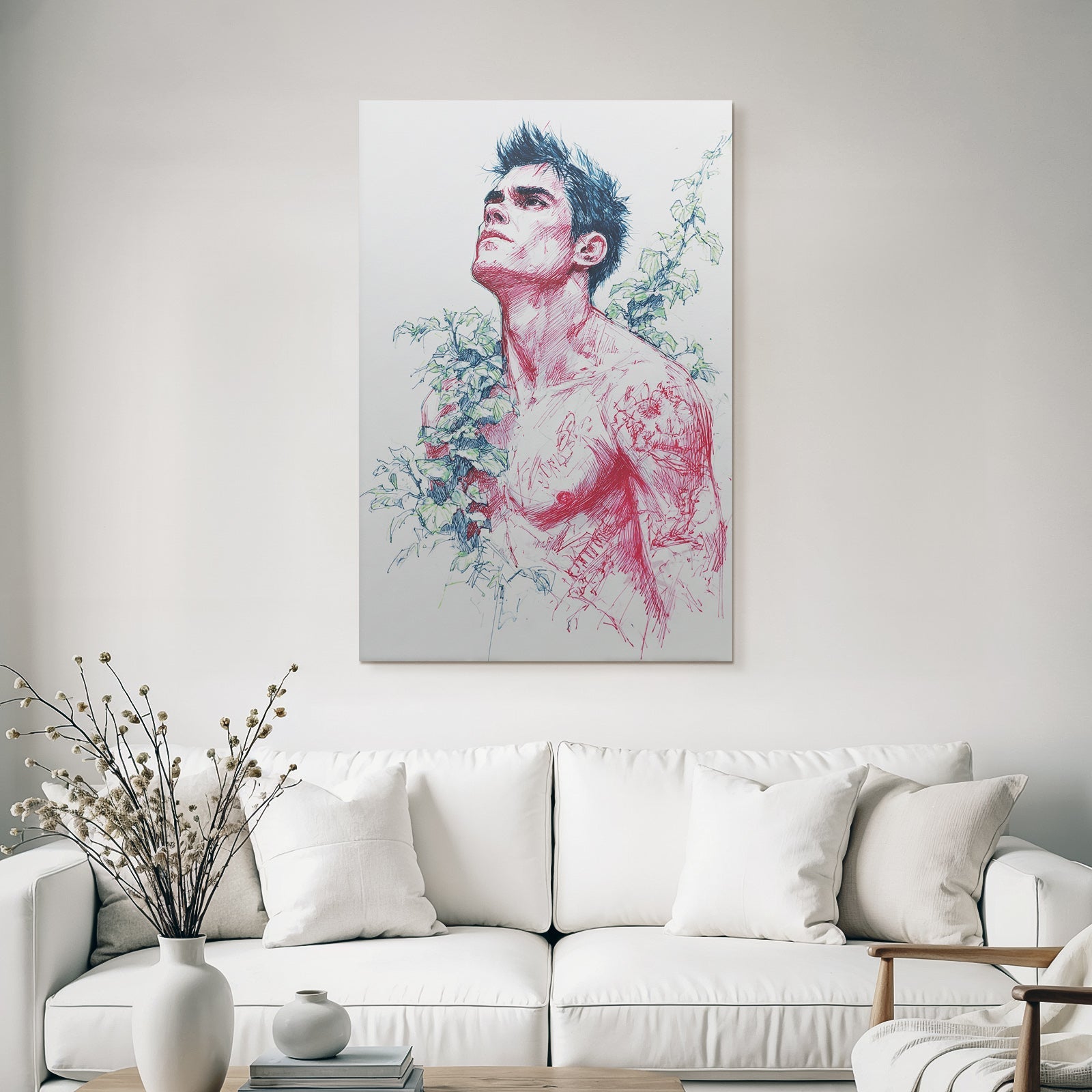 Shirtloser Mann Umgeben Von Efeu Rot Blaü Tinte Zeitgenössische Kunst