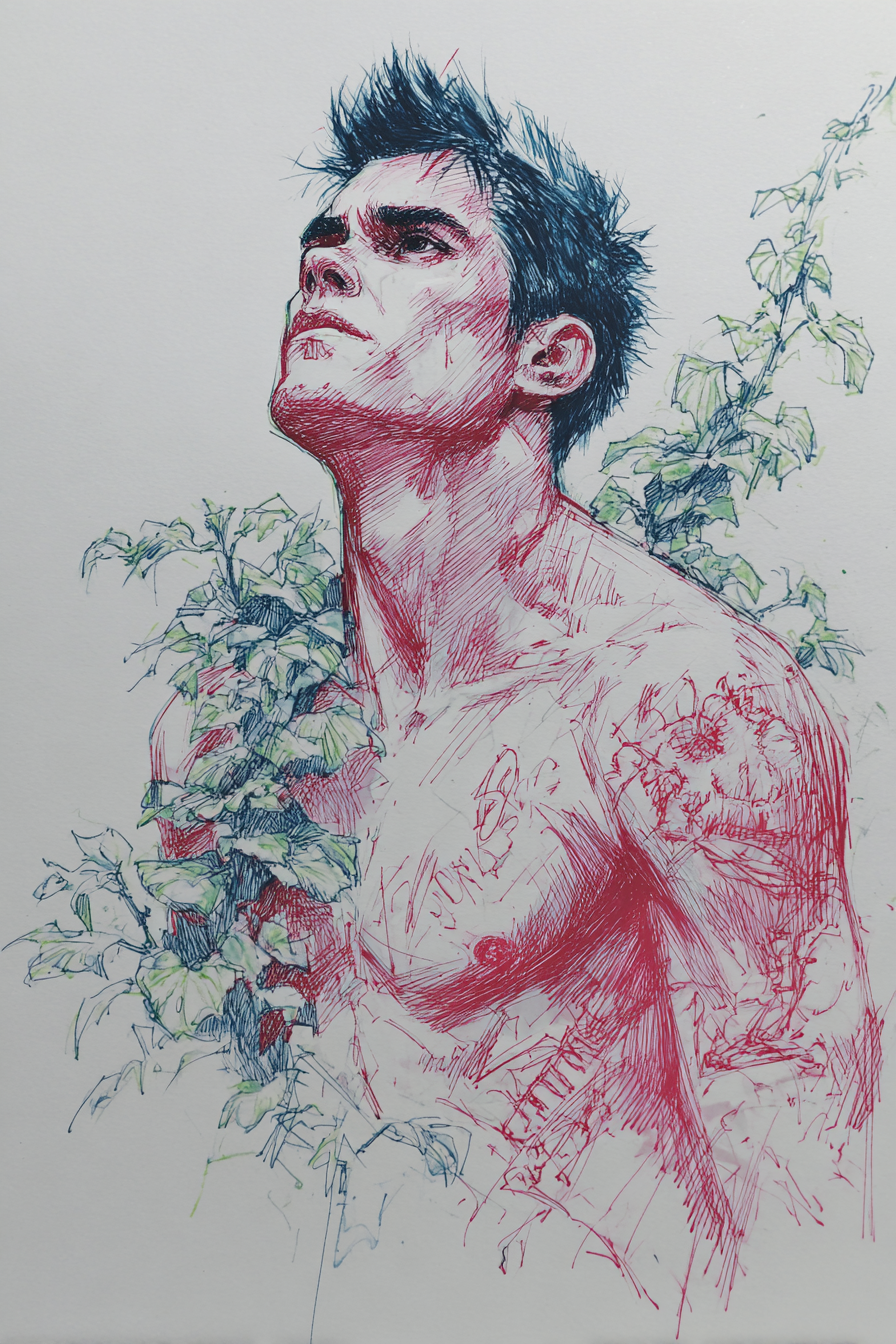 Shirtloser Mann Umgeben Von Efeu Rot Blaü Tinte Zeitgenössische Kunst | Tattoo Aesthetik | Menschen und Emotionen