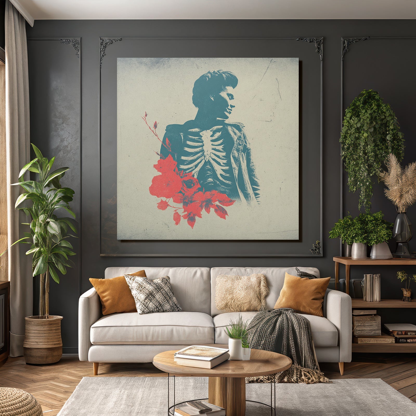 Silütte Mensch Anatomisches Skelett Rotblätter Surrealismus