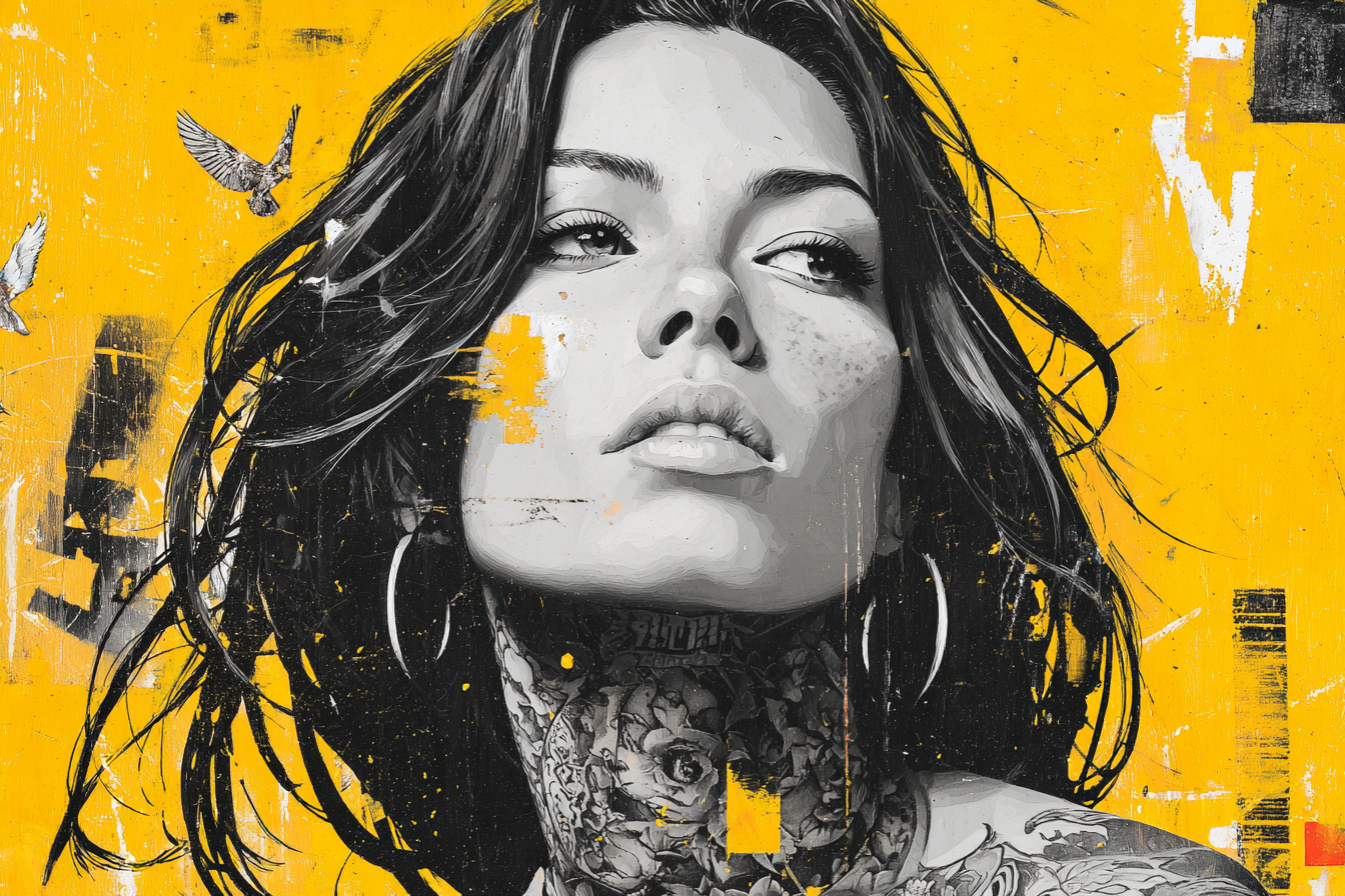 Stylisierte Porträt Einer Frau Auf Vibrant Gelbem Hintergrund | Tattoo Aesthetik | Menschen und Emotionen