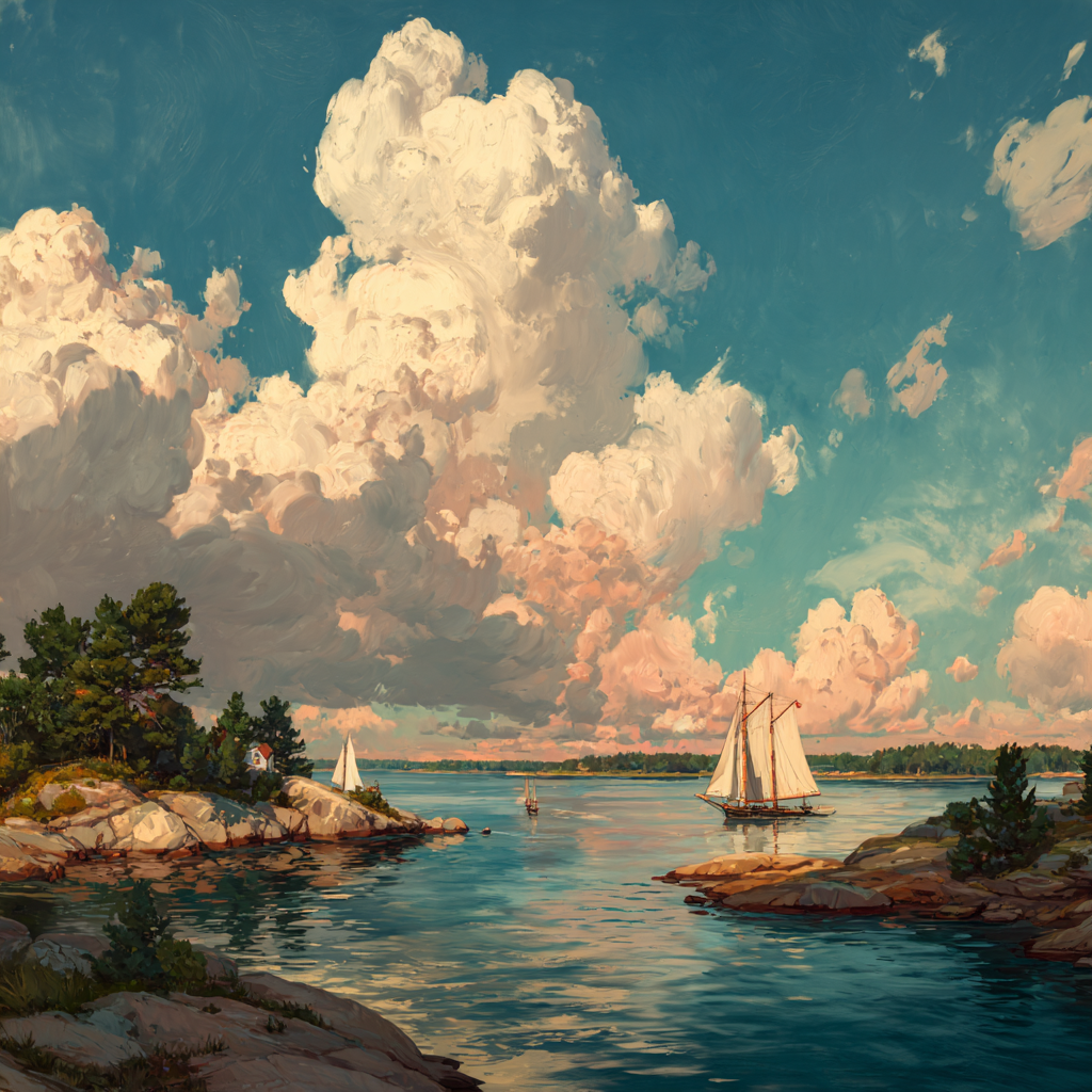 Serene Küstenlandschaft Sailboats Ruhige Wasser Schöne Natur | Boote und Schiffe | Mobilitaet und Technik