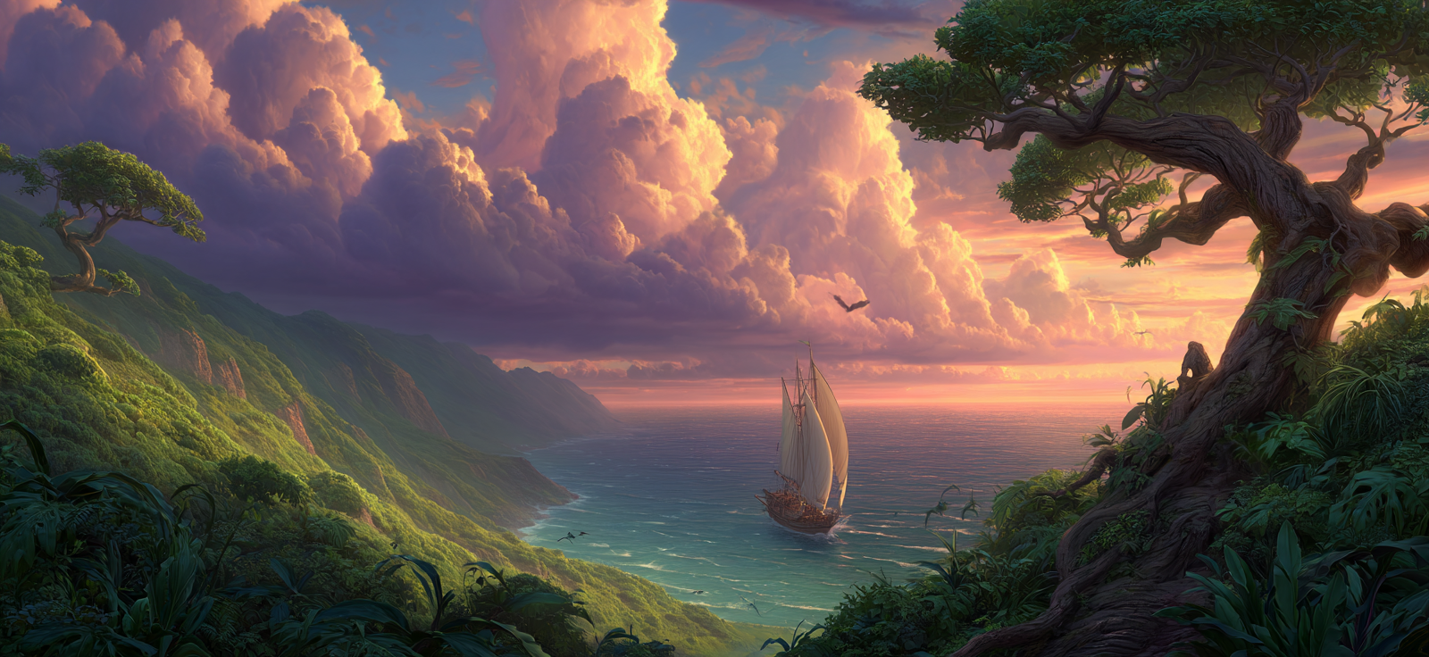 Segelndes Schiff Im Ozean Umgeben Von Grünen Hügeln Und Dramatischen Wolken | Boote und Schiffe | Mobilitaet und Technik