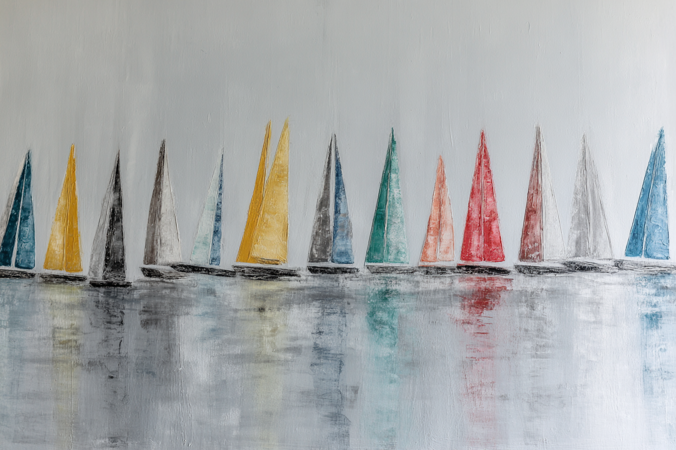 Segelt Boote Farbenfrohe Segel Am Ruhigen Wasser | Boote und Schiffe | Mobilitaet und Technik