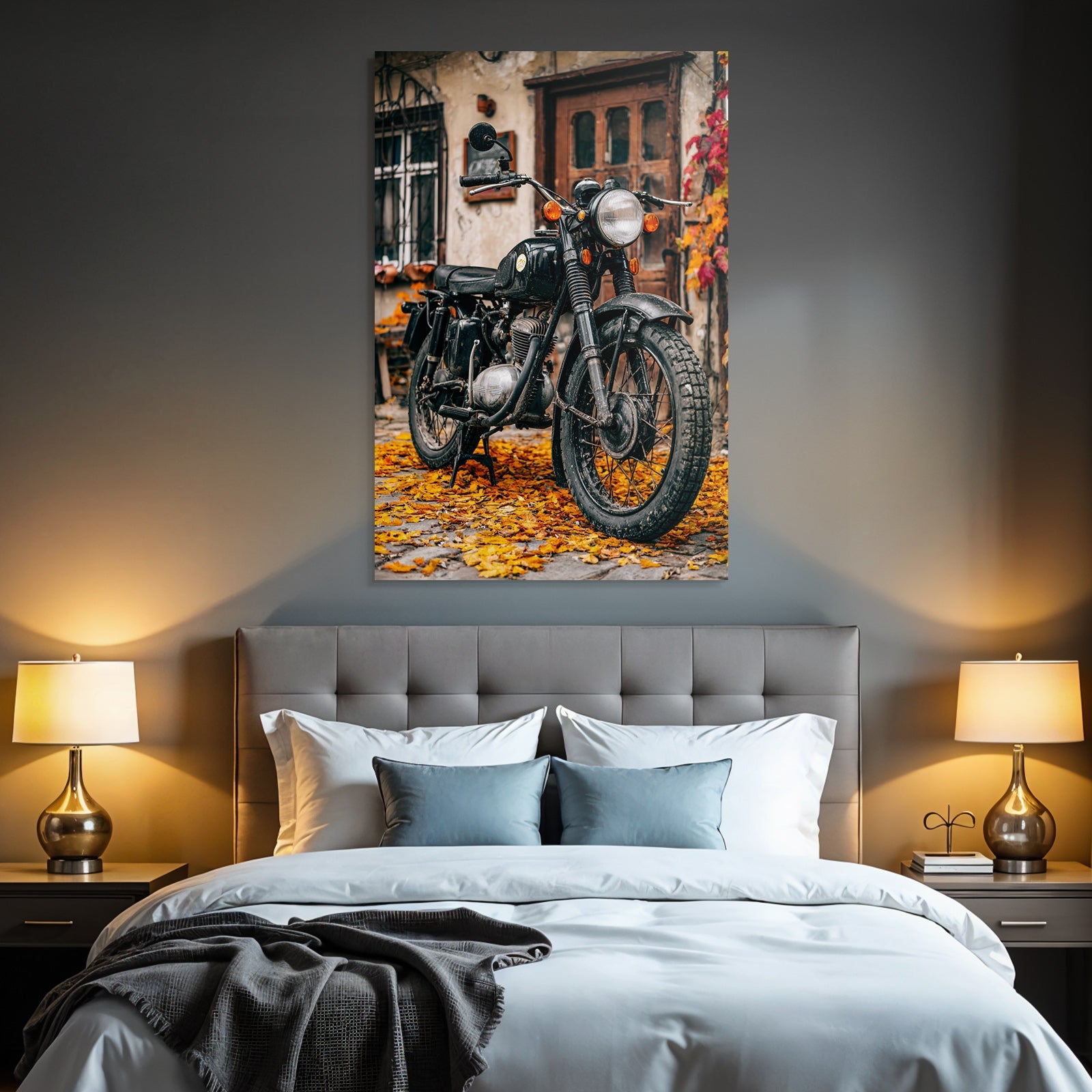 Schwarzes Motorräder Auf Herbstlaub Vintage Stil Rustikales Gebäude