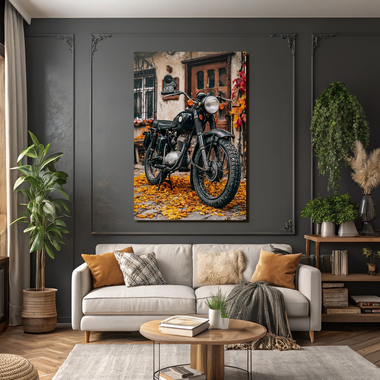 Schwarzes Motorräder Auf Herbstlaub Vintage Stil Rustikales Gebäude