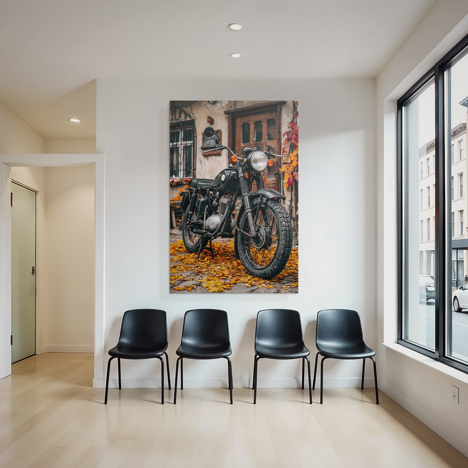 Schwarzes Motorräder Auf Herbstlaub Vintage Stil Rustikales Gebäude