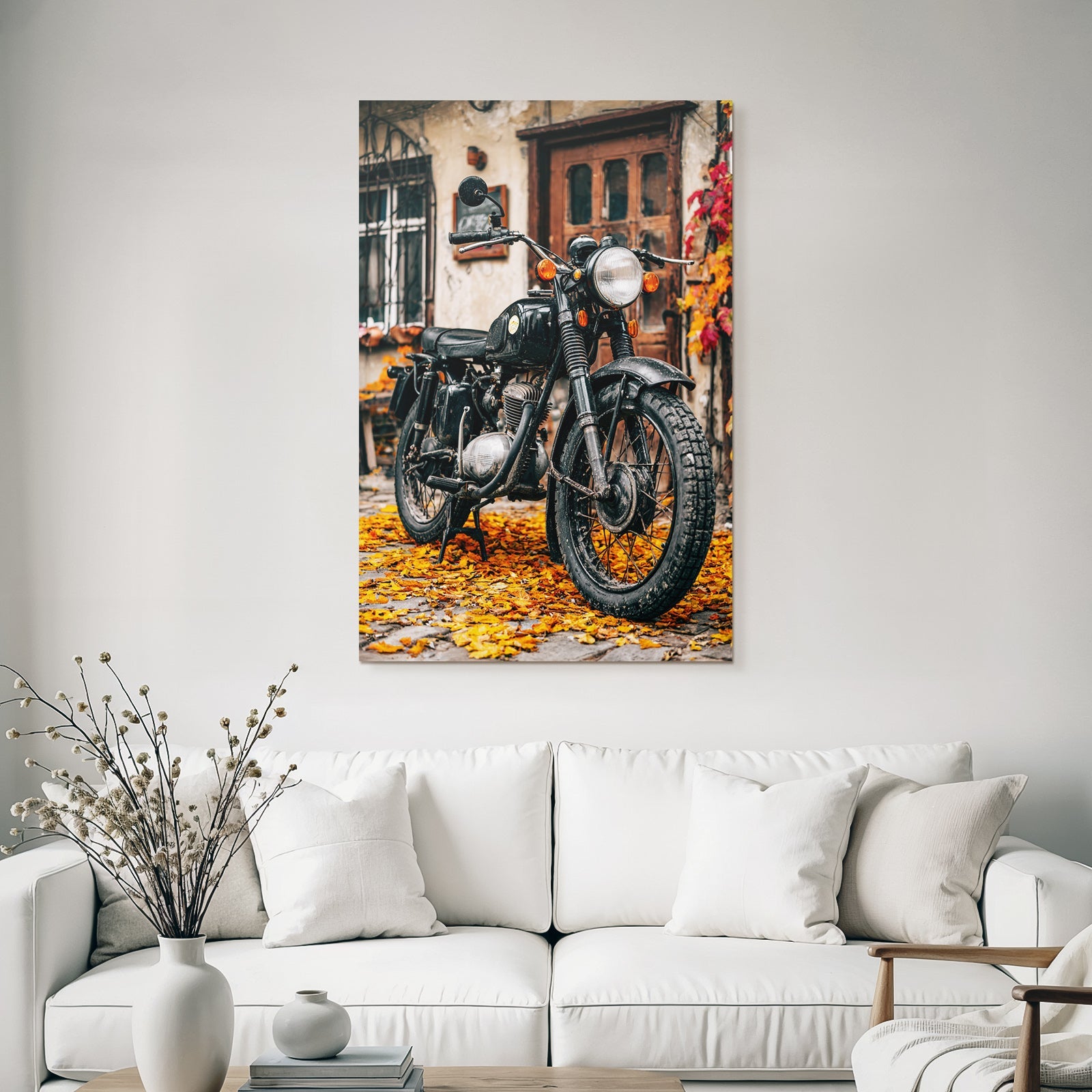 Schwarzes Motorräder Auf Herbstlaub Vintage Stil Rustikales Gebäude