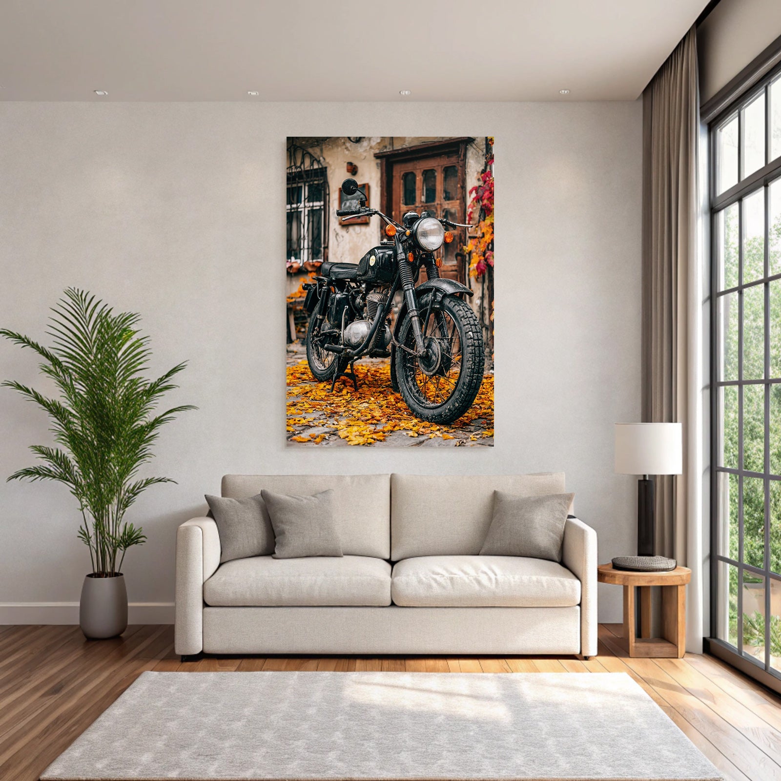 Schwarzes Motorräder Auf Herbstlaub Vintage Stil Rustikales Gebäude