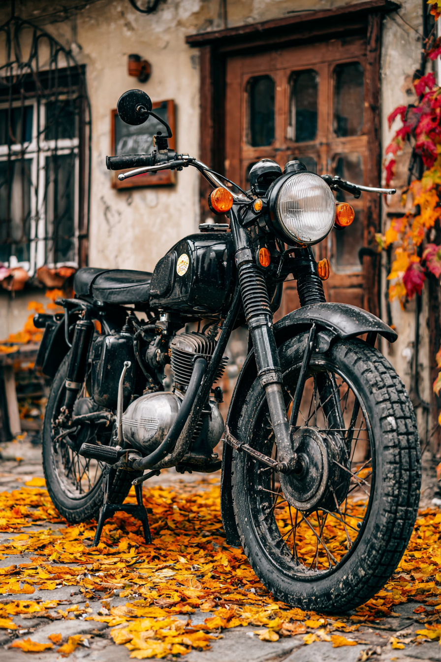Schwarzes Motorräder Auf Herbstlaub Vintage Stil Rustikales Gebäude | Fahrraeder und Motorraeder | Mobilitaet und Technik