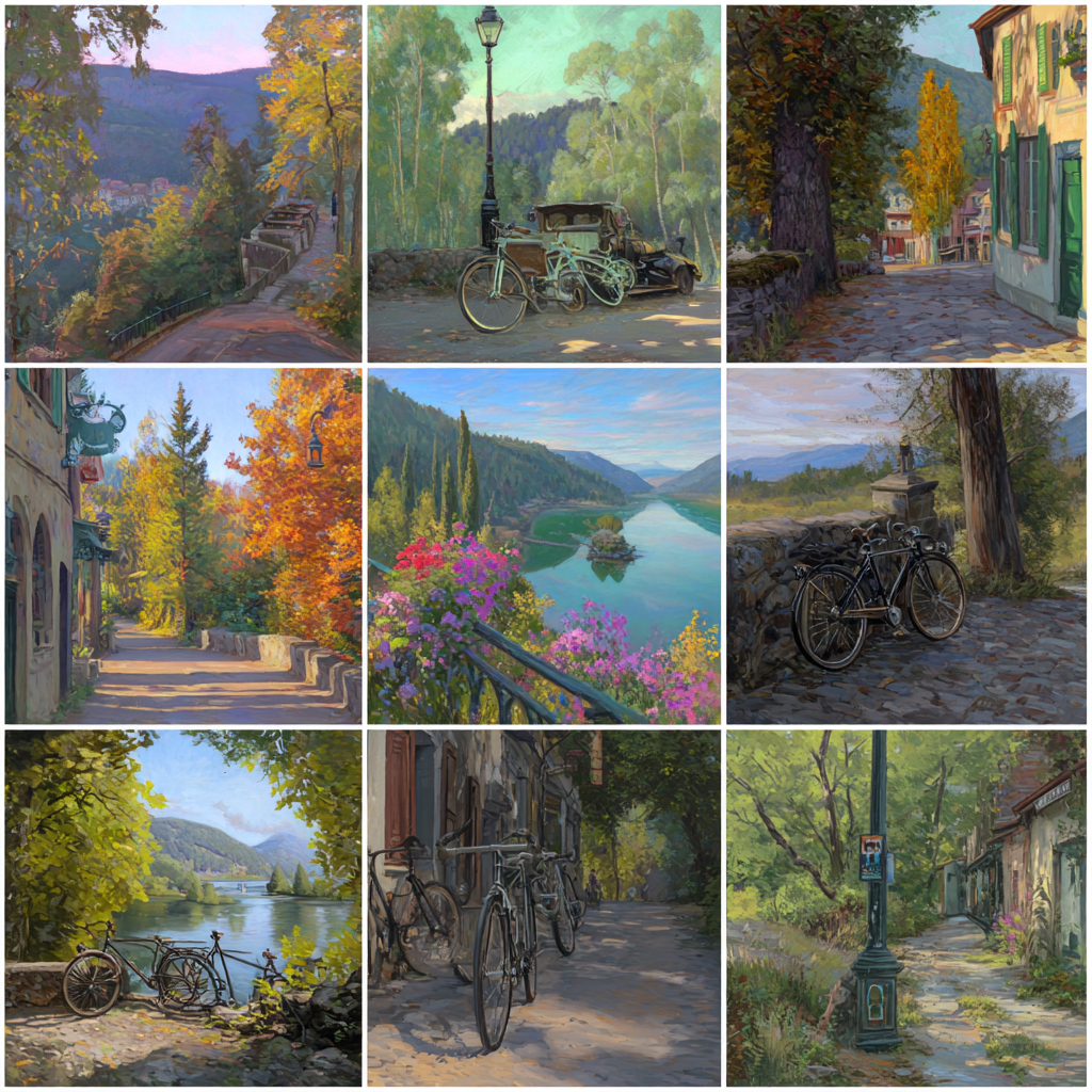 Serene Landscapes Bicycles And Charming Streets Collage | Fahrraeder und Motorraeder | Mobilitaet und Technik