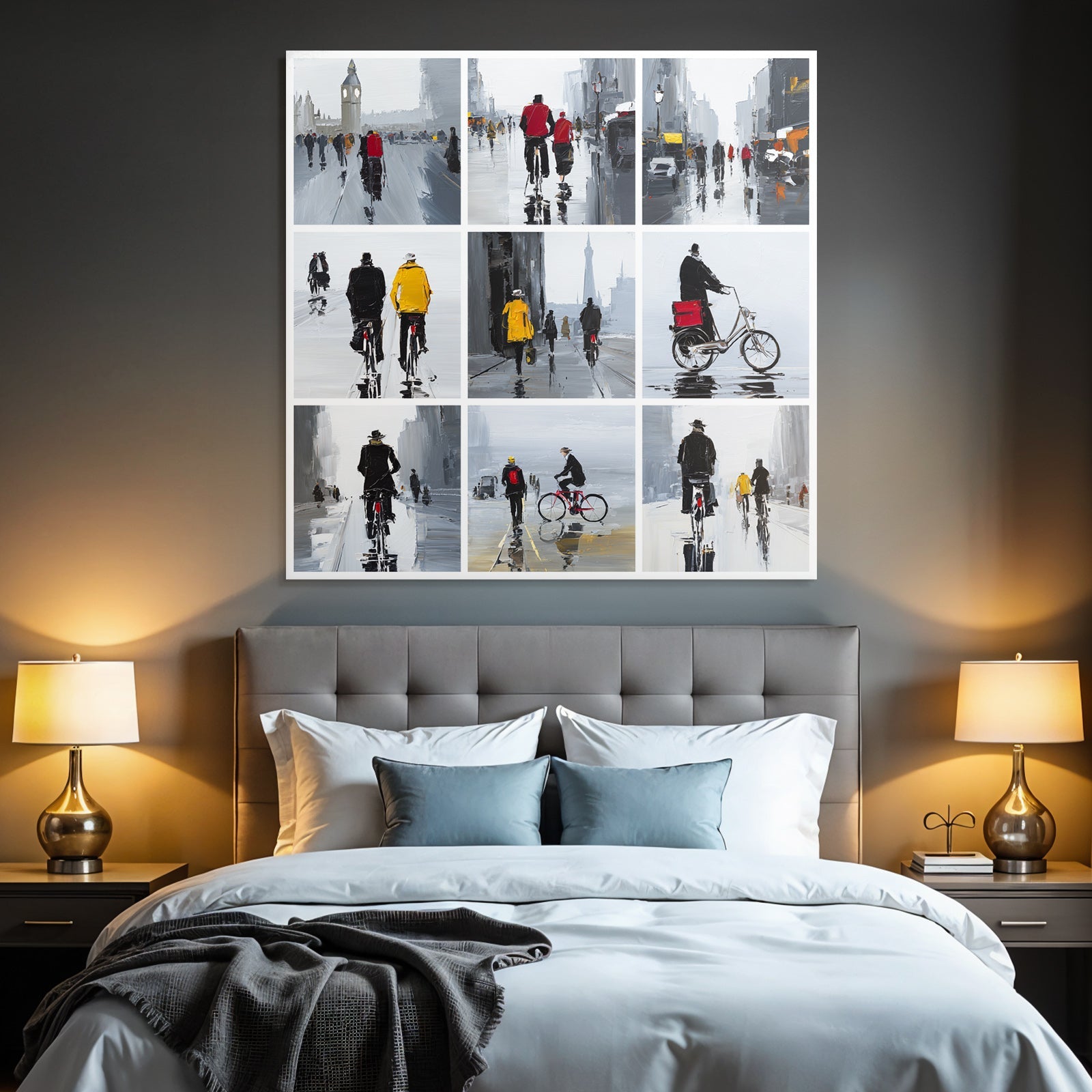 city life collage people walking cycling rain darkness