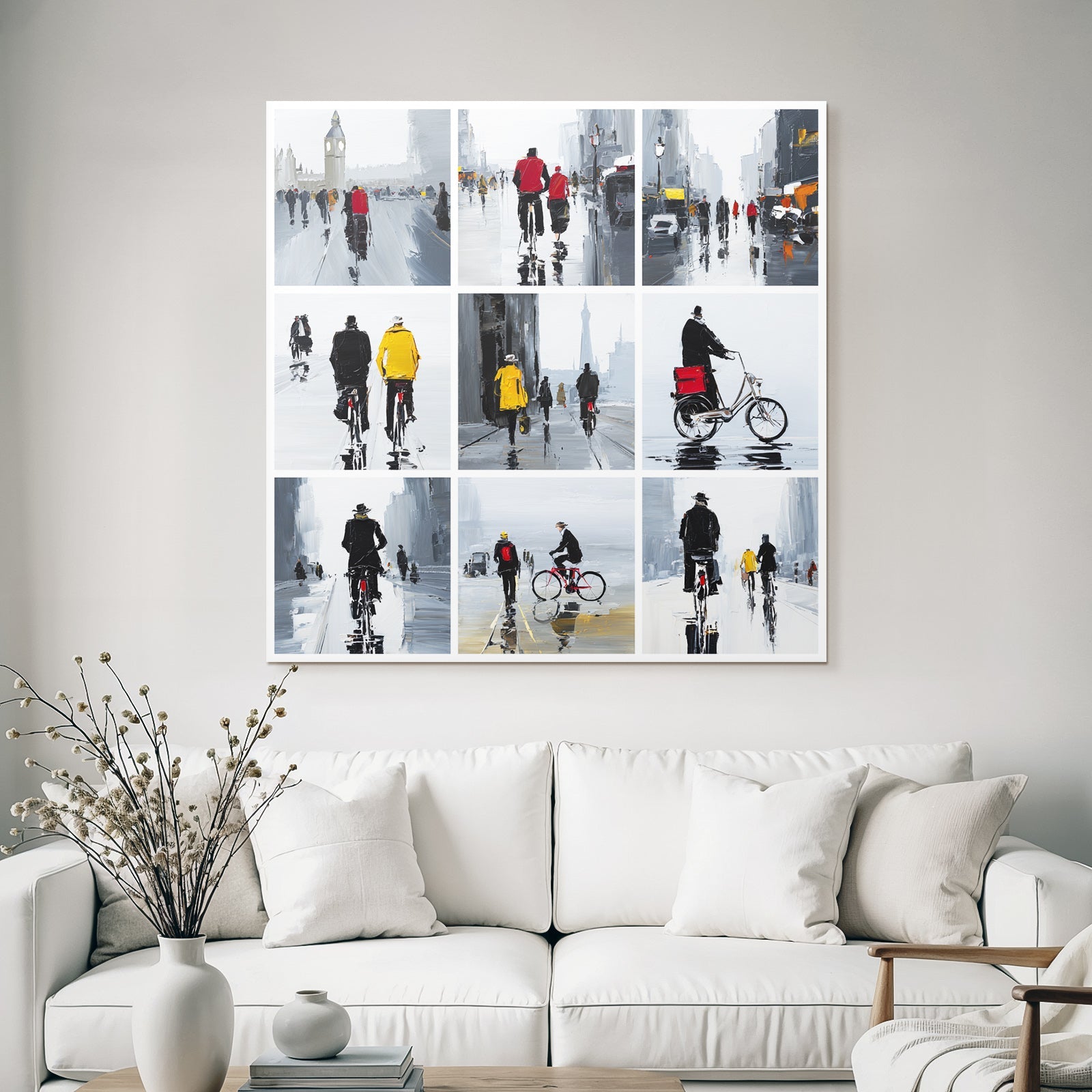 city life collage people walking cycling rain darkness