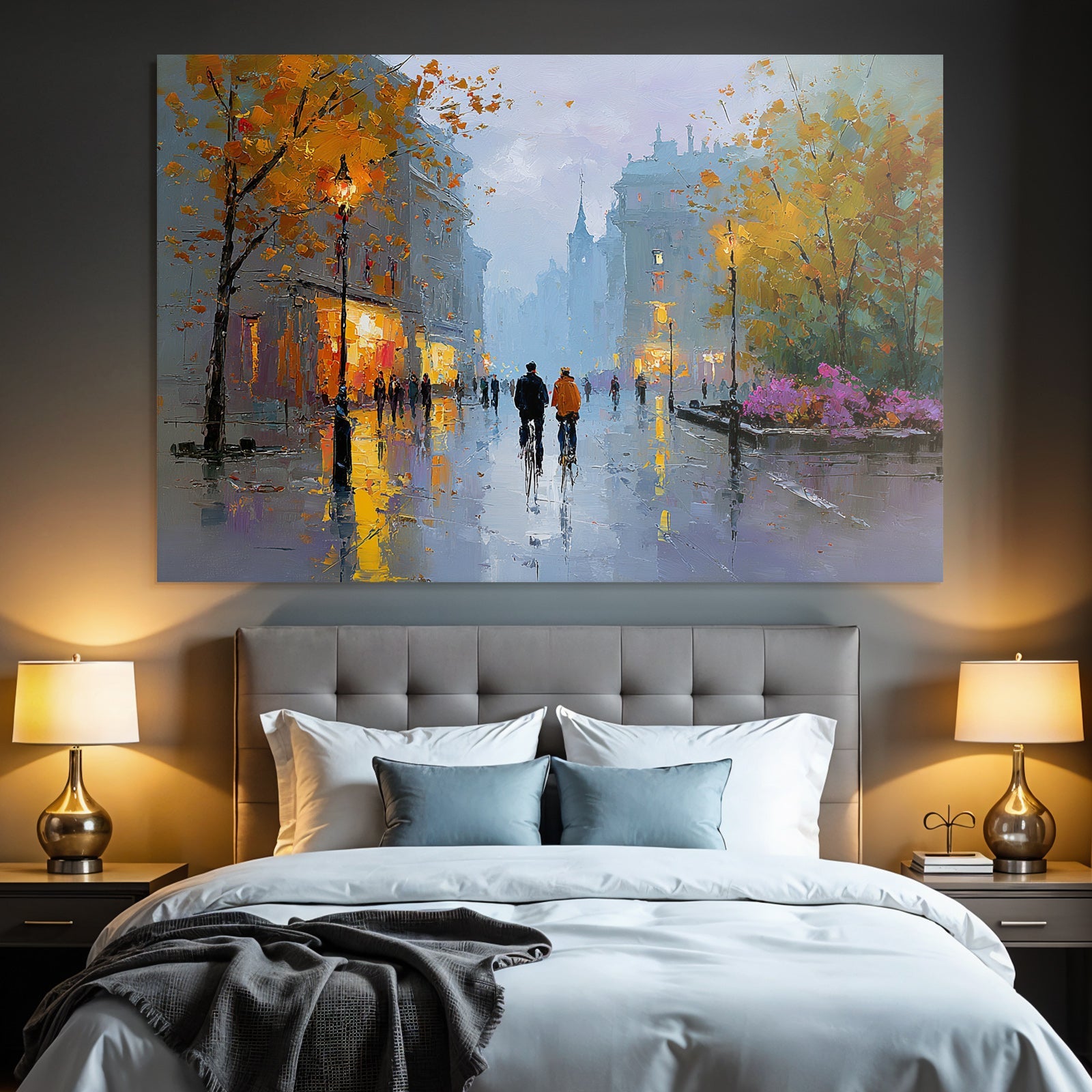 City Scenes Rainy Day With Colorful Trees And Warm Lights