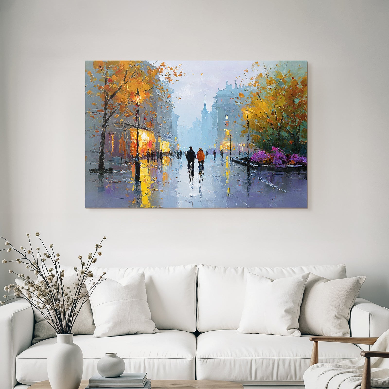City Scenes Rainy Day With Colorful Trees And Warm Lights