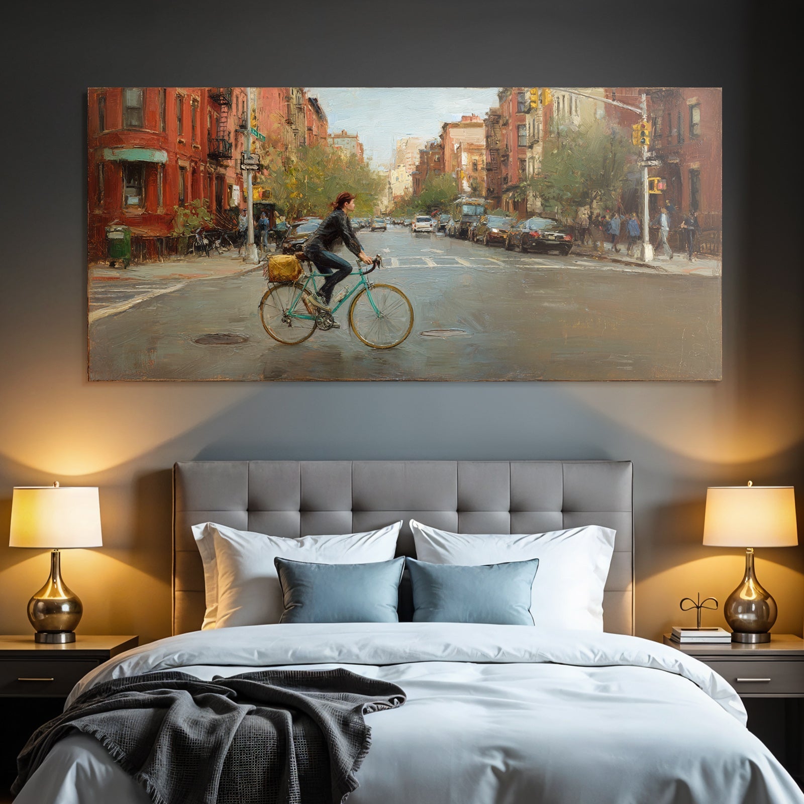 City Street Scene Woman on Bicycle Impressionistic