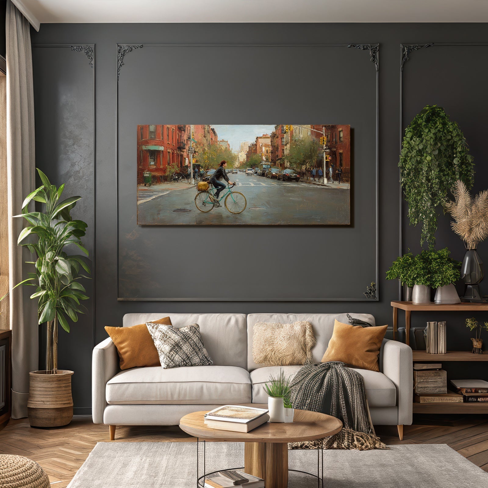 City Street Scene Woman on Bicycle Impressionistic