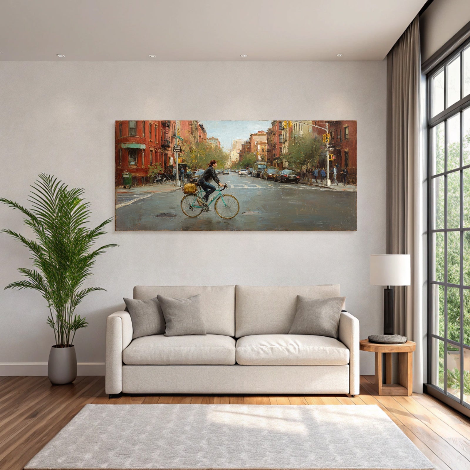 City Street Scene Woman on Bicycle Impressionistic