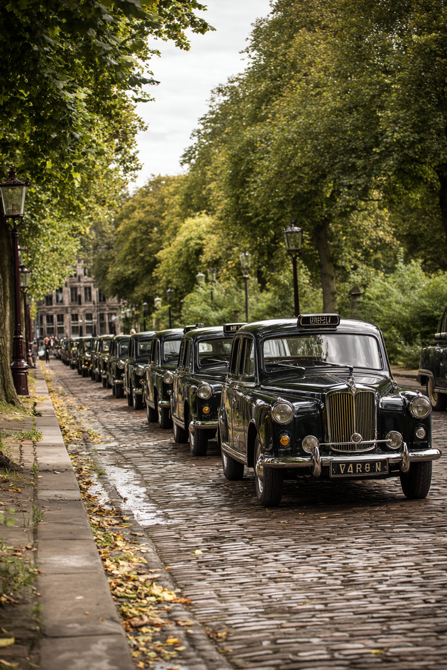 Schwarze Taxis Cobblestone Strasse Historische Atmosphäre | Oldtimer | Mobilitaet und Technik