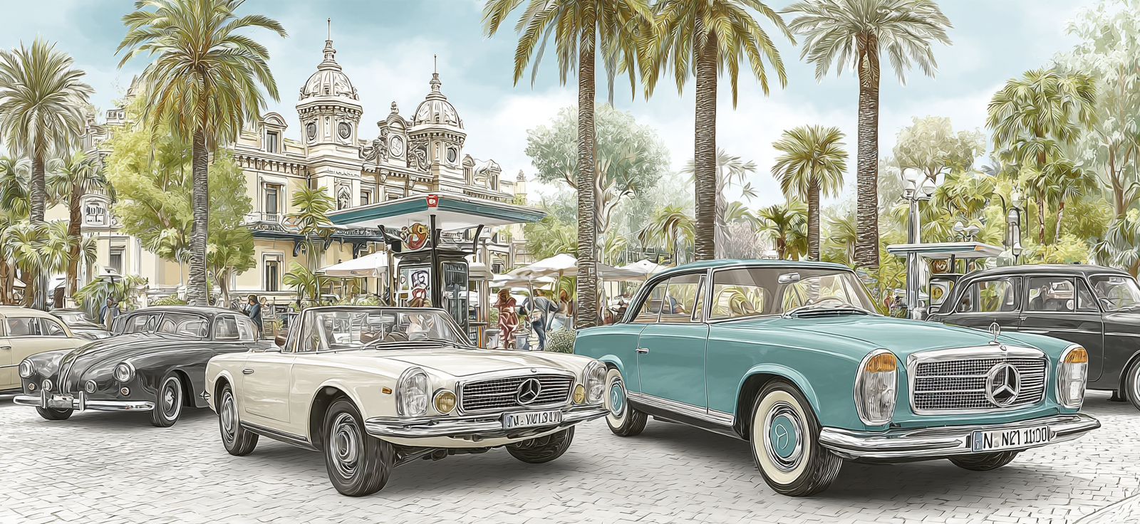 Sonniger Ausenbereich Klassische Automobile Mediterranes Gebäude Palmen Touristen Event | Oldtimer | Mobilitaet und Technik