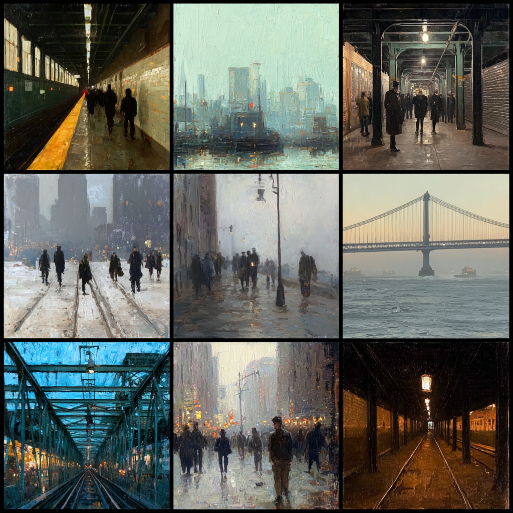 Städte Mosaik Szenen Stadtleben Fog Regen Schnee | U Bahn und Architektur im Verkehrskontext | Mobilitaet und Technik