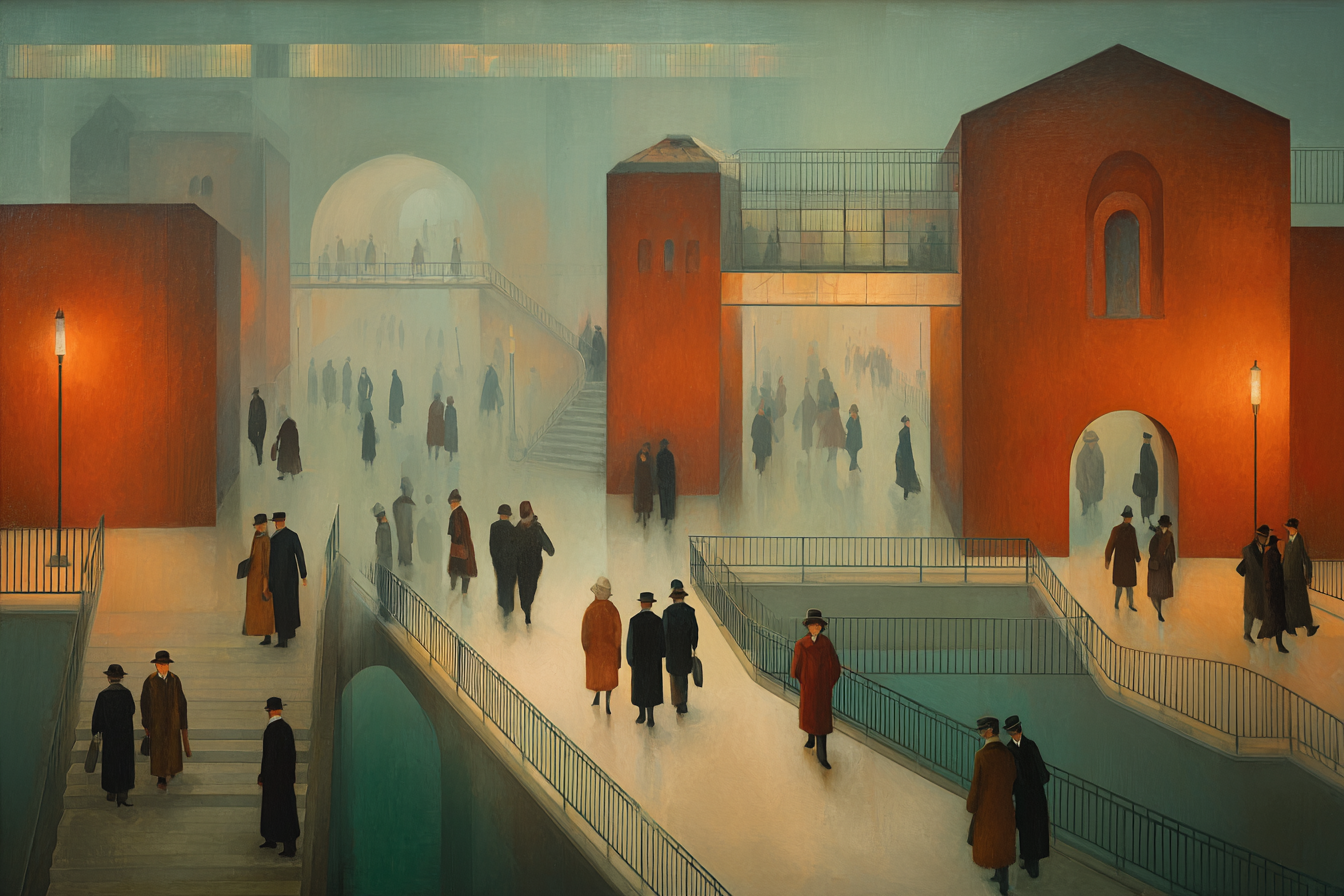 Stadtbild Mit Figuren In Nebel Volles Farbspektrum Mystische Atmosphäre | U Bahn und Architektur im Verkehrskontext | Mobilitaet und Technik