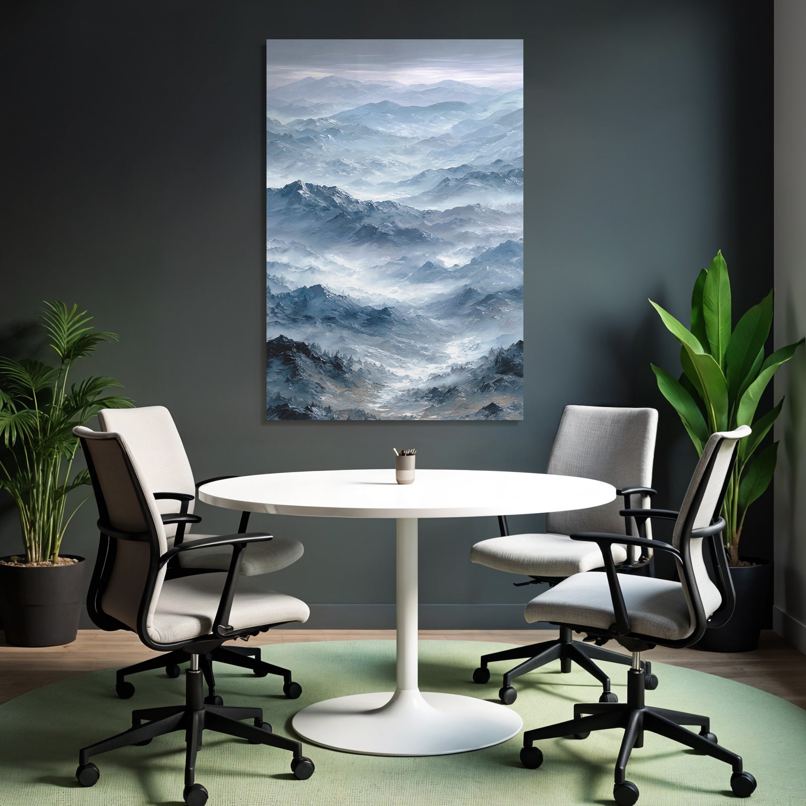 Misty mountain landscape with blue and gray tones