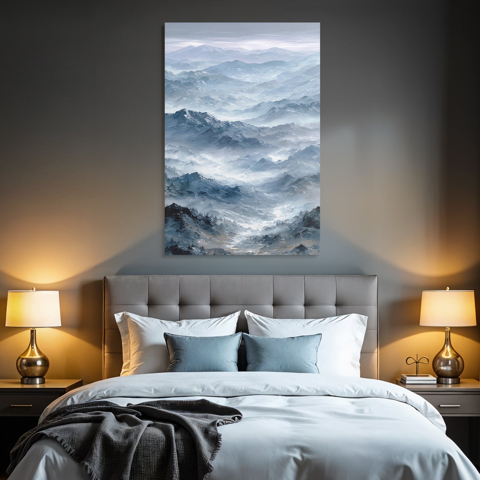 Misty mountain landscape with blue and gray tones