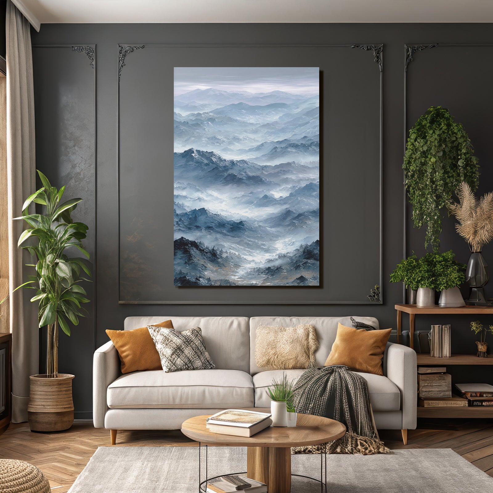 Misty mountain landscape with blue and gray tones