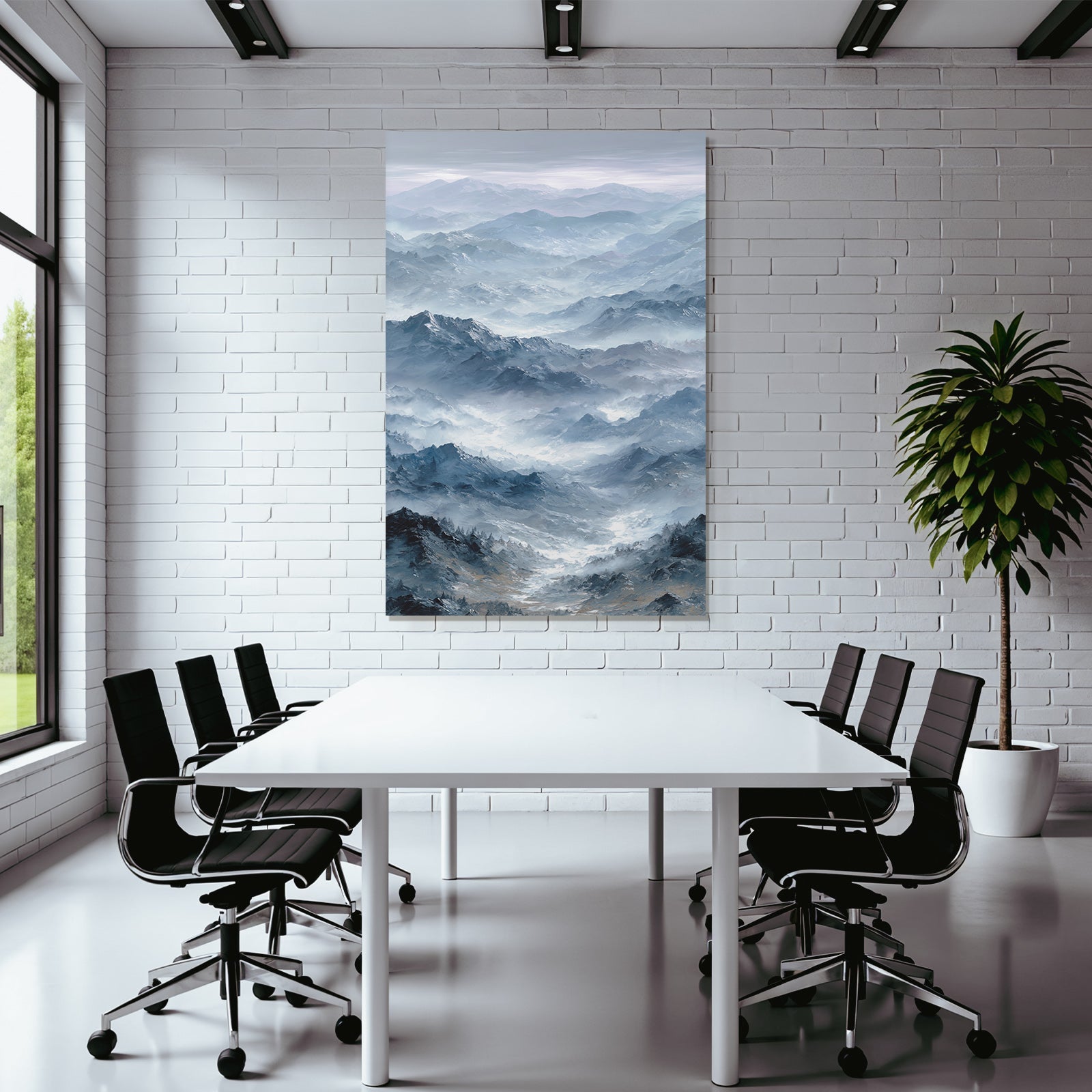 Misty mountain landscape with blue and gray tones