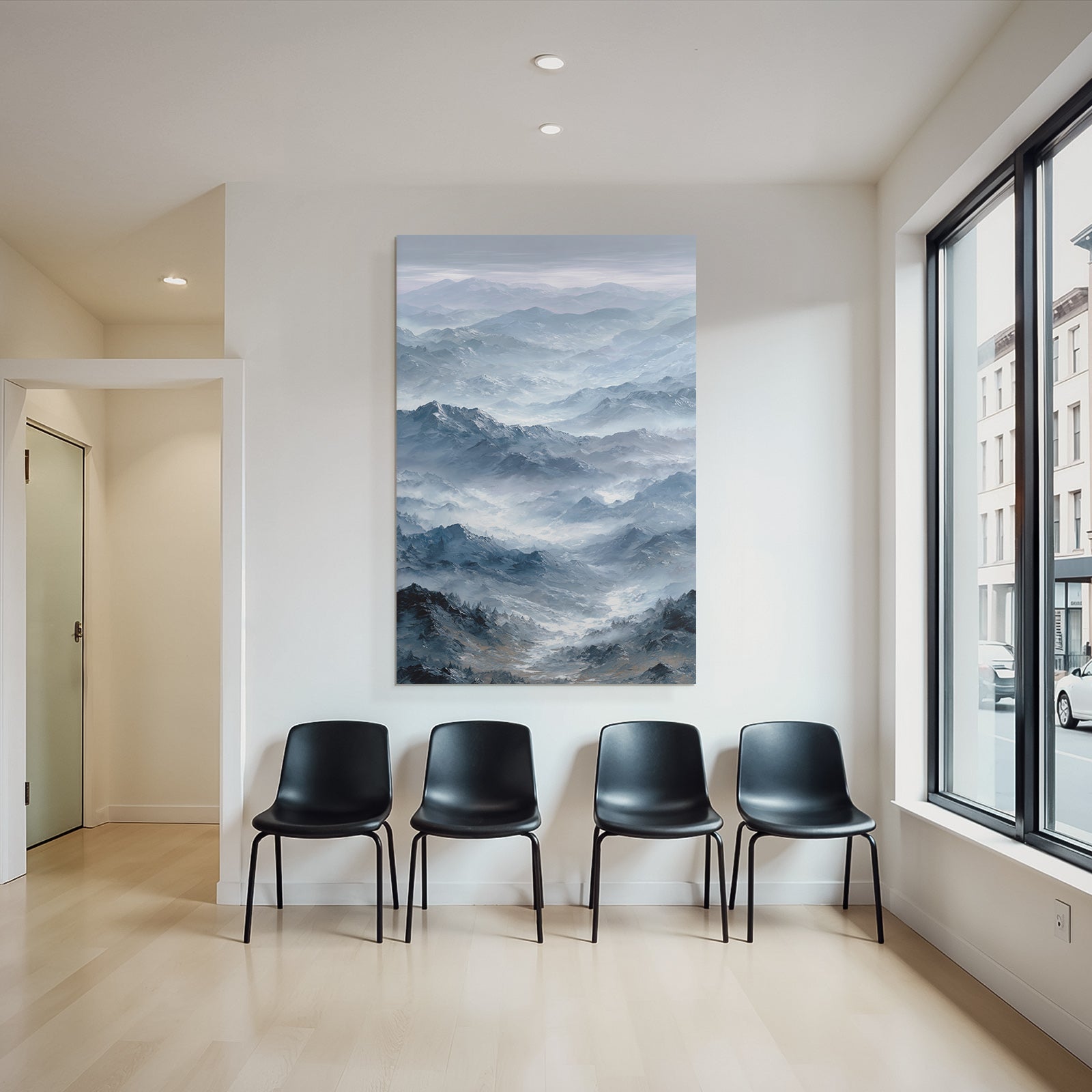 Misty mountain landscape with blue and gray tones