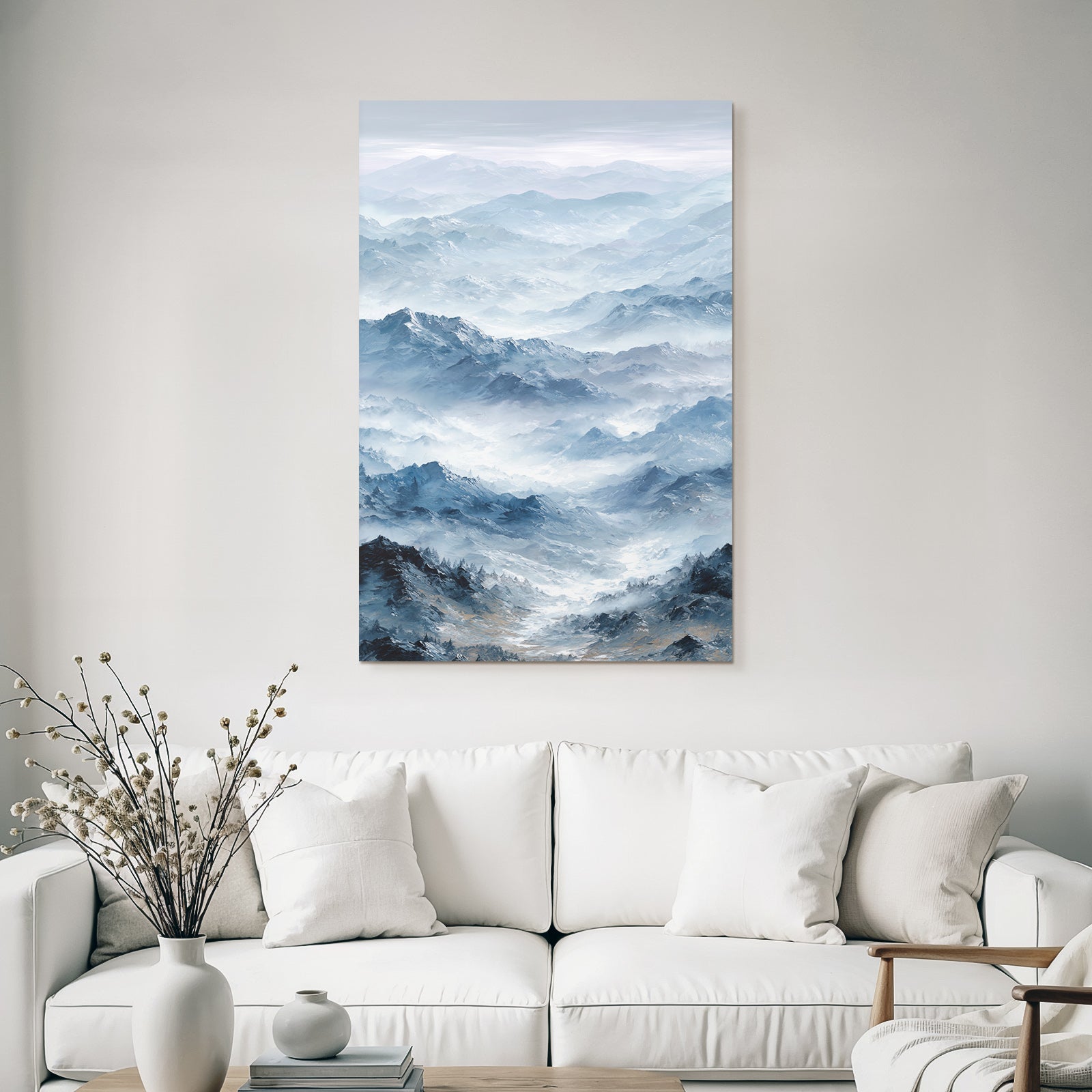 Misty mountain landscape with blue and gray tones