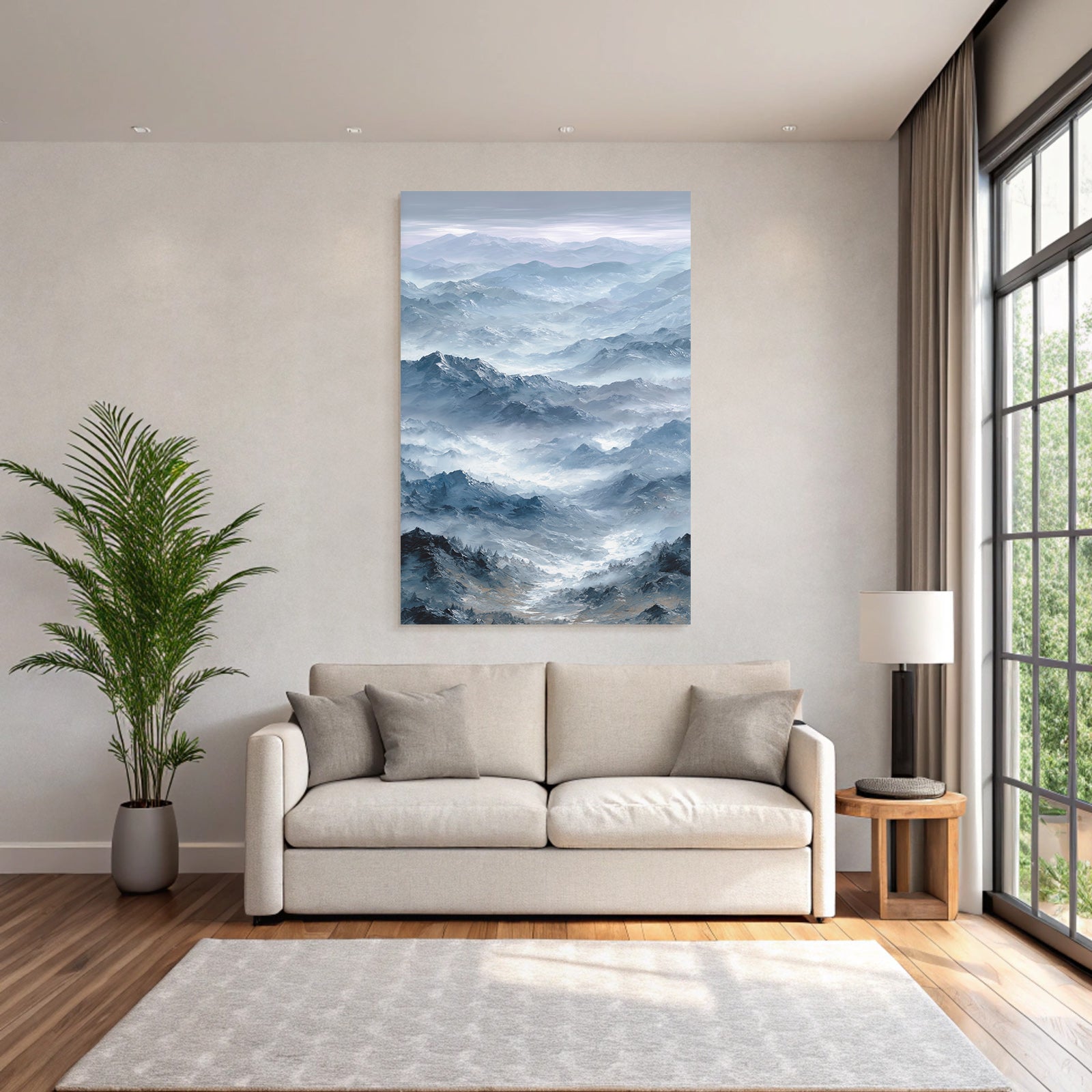 Misty mountain landscape with blue and gray tones