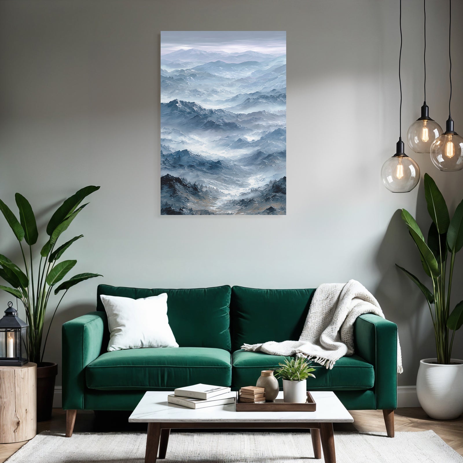 Misty mountain landscape with blue and gray tones