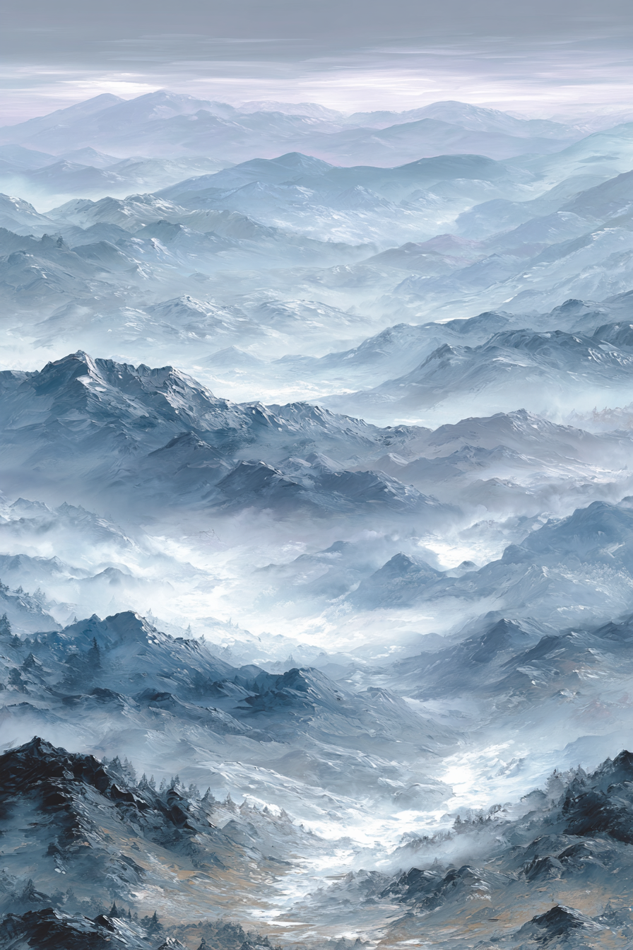 Neblige Berglandschaft Mit Blaün Und Graün Tönen | Eis und Schnee | Natur