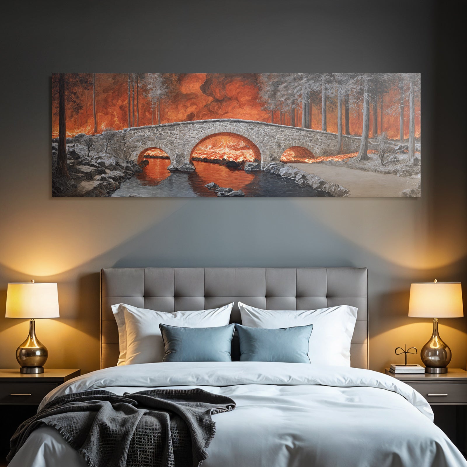 Stone bridge over flame-covered river in forest fire