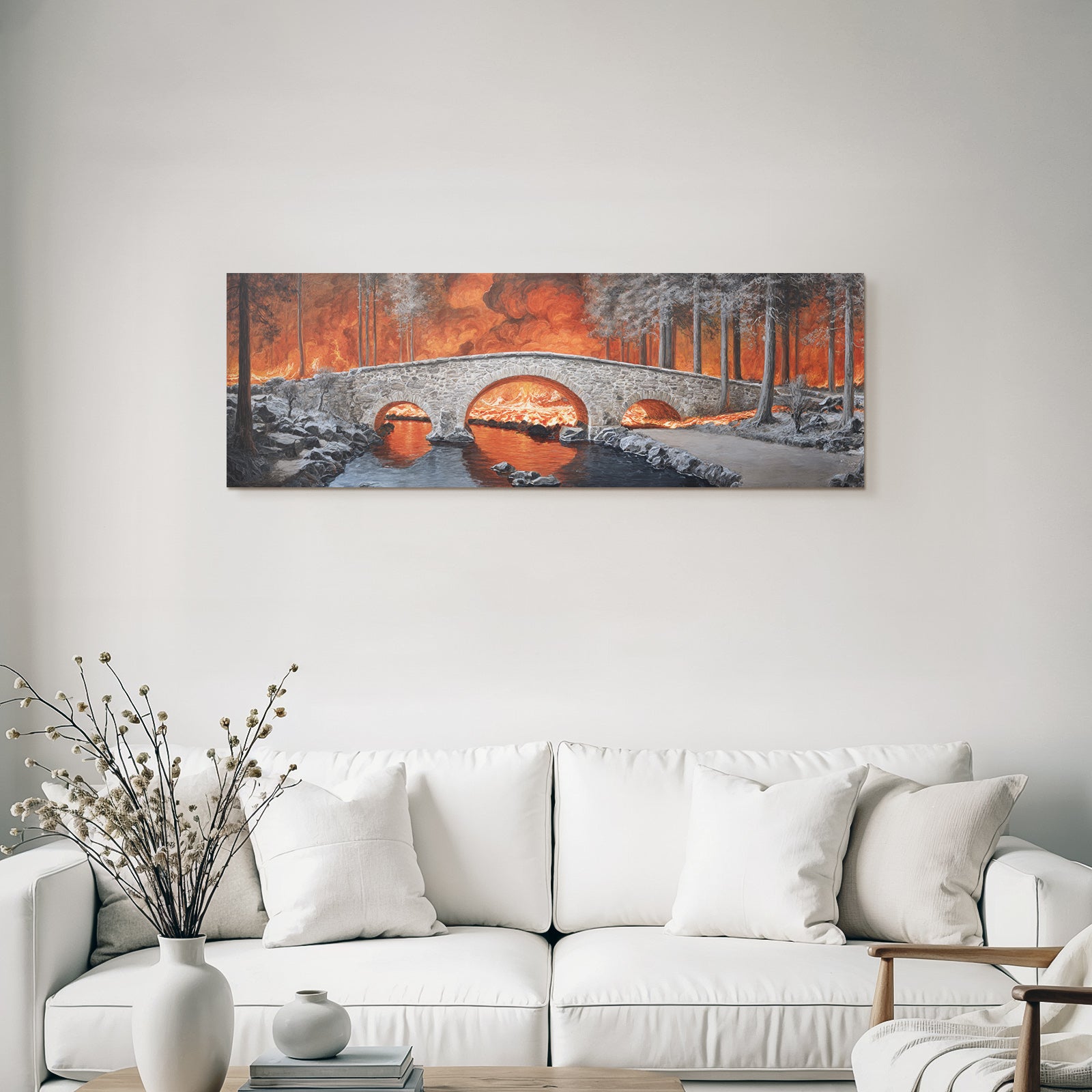 Stone bridge over flame-covered river in forest fire