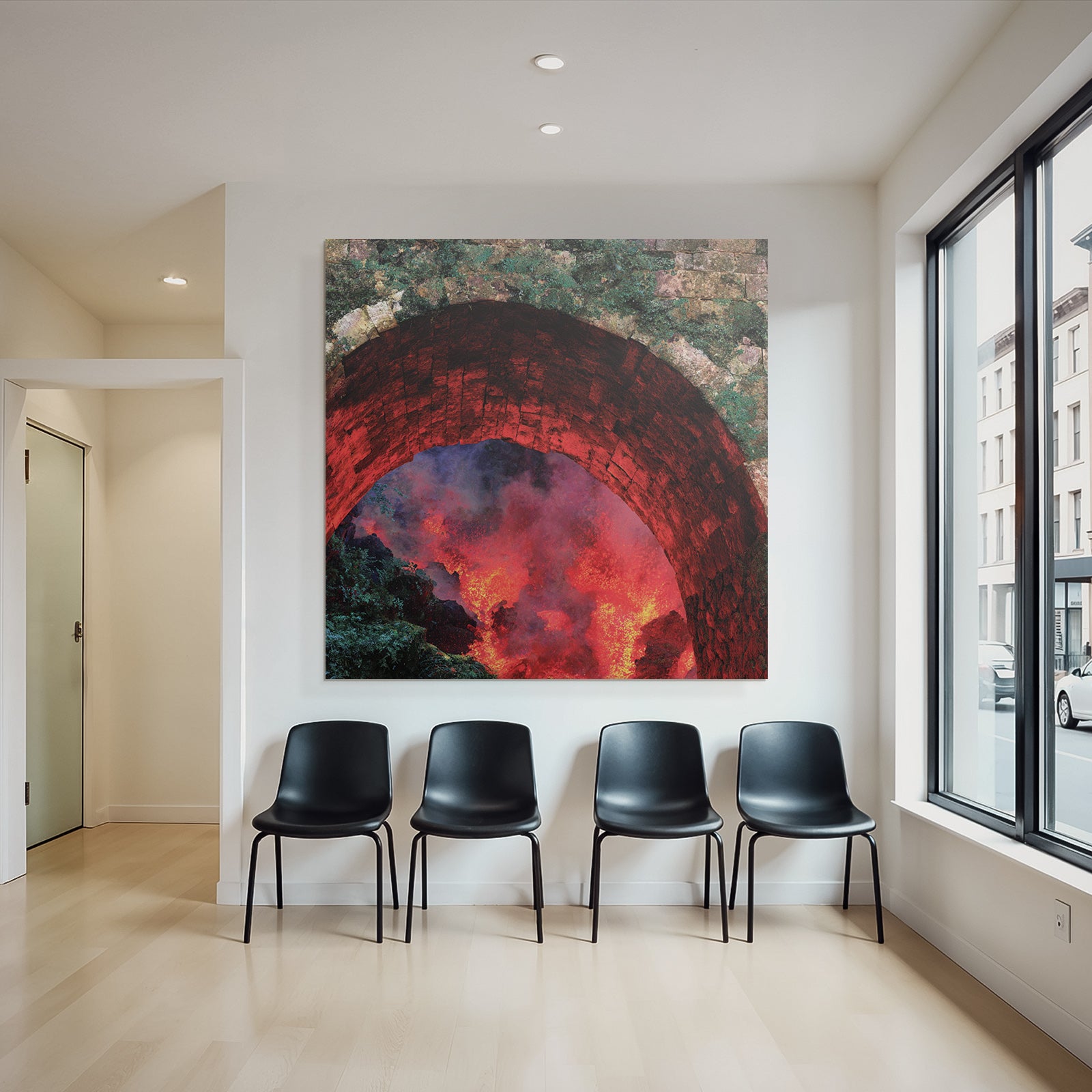 Stone Arch With Flaming Lava And Moss
